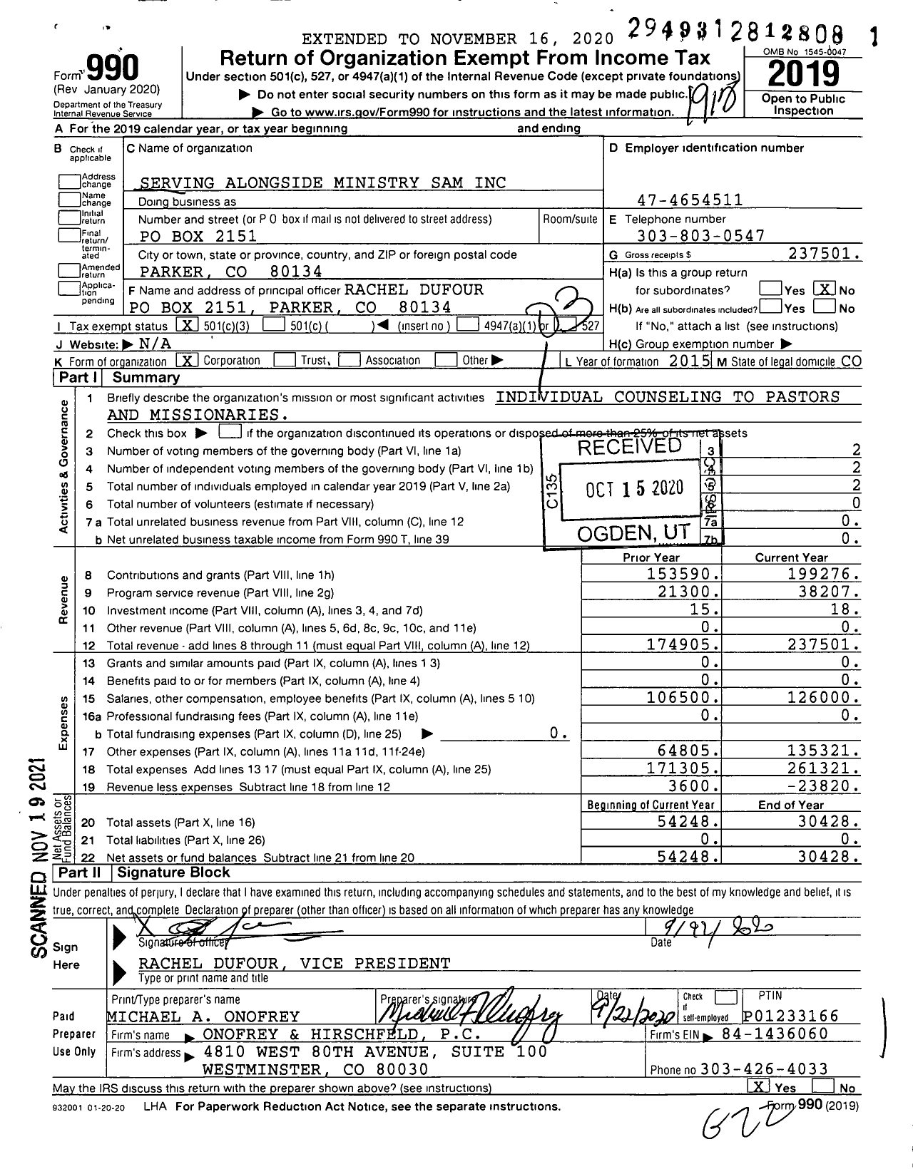 Image of first page of 2019 Form 990 for Serving Alongside Ministry (SAM)