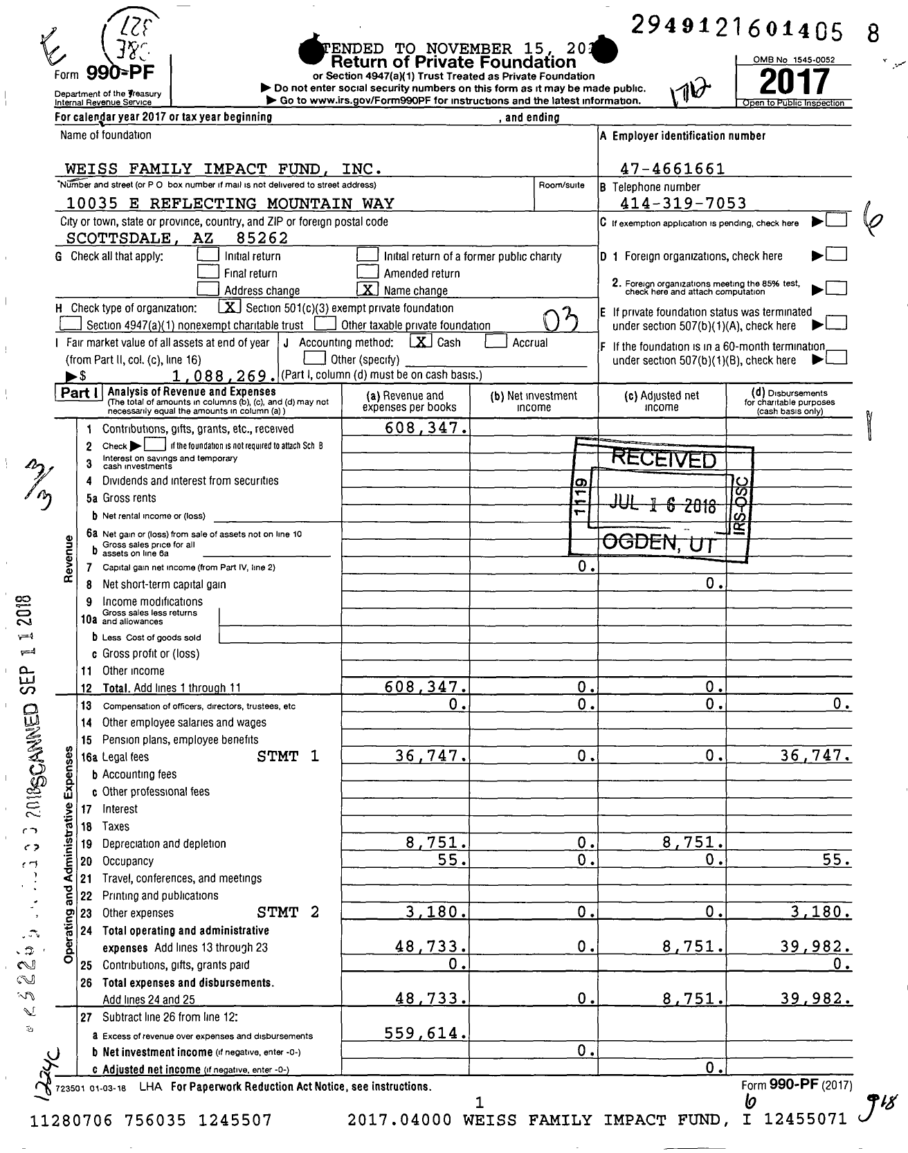 Image of first page of 2017 Form 990PF for Weiss Family Impact Fund