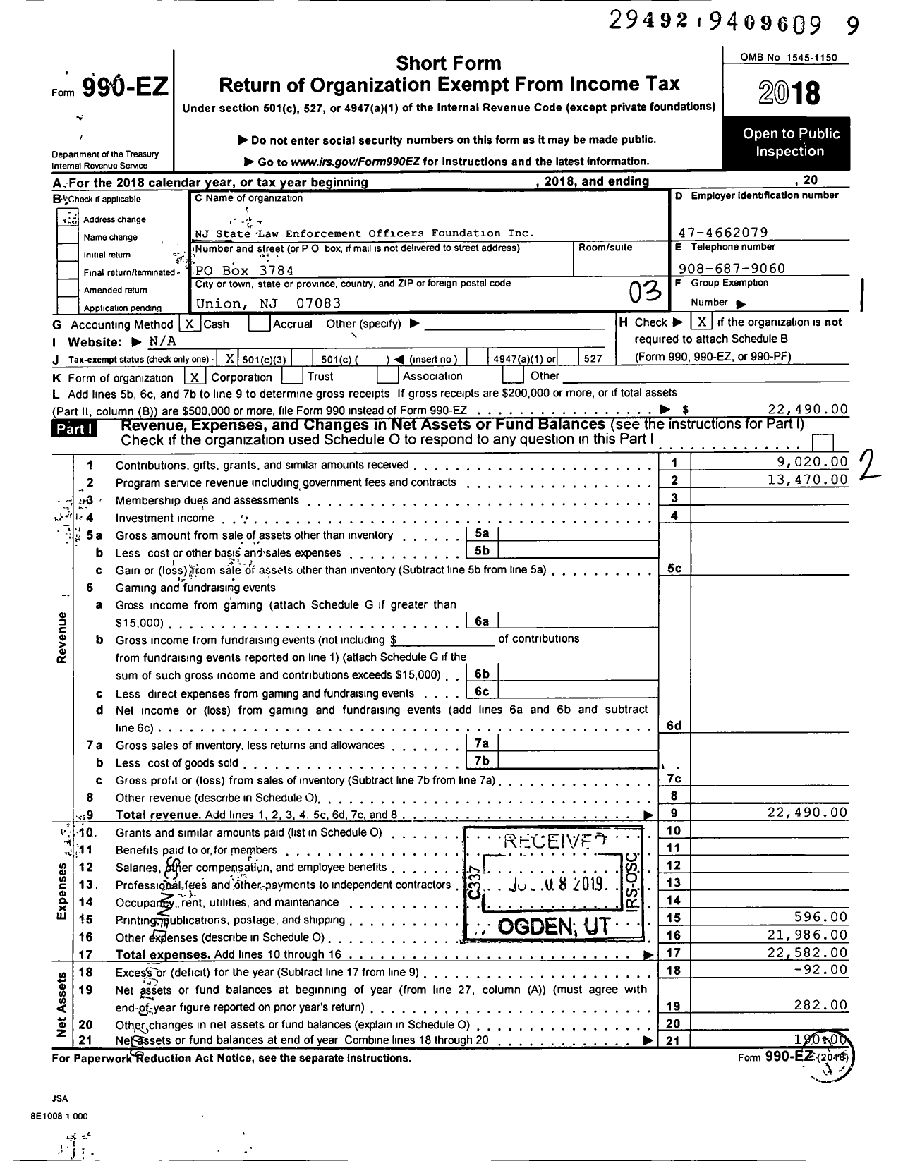 Image of first page of 2018 Form 990EZ for New Jersey State Law Enforcement Officers Foundation