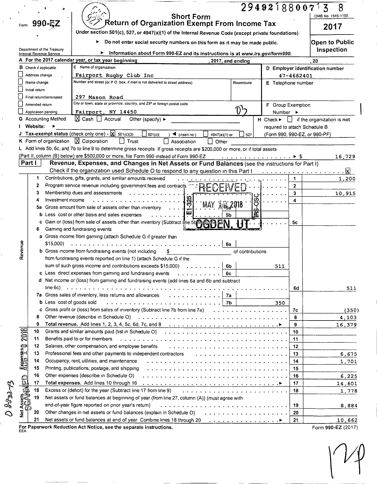 Image of first page of 2017 Form 990EZ for Fairport Rugby Club