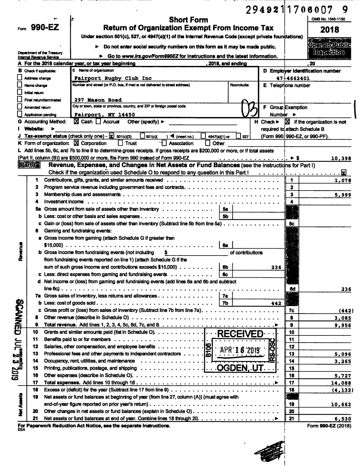 Image of first page of 2018 Form 990EZ for Fairport Rugby Club