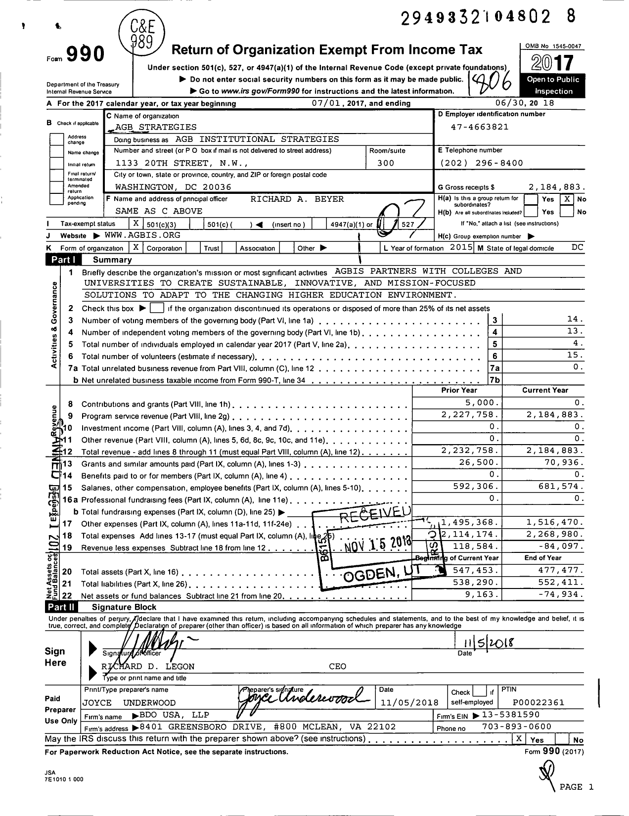 Image of first page of 2017 Form 990 for AGB Strategies