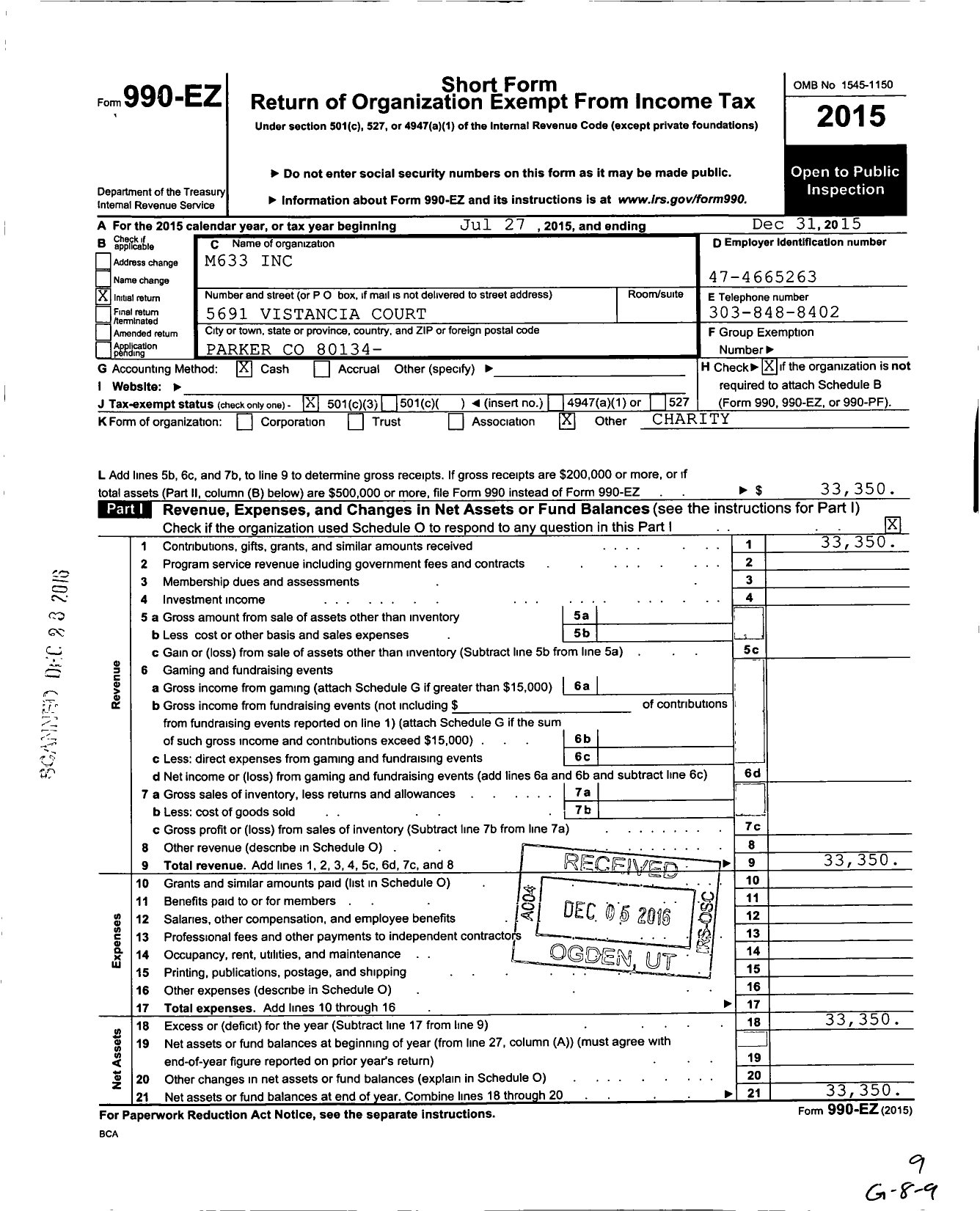 Image of first page of 2015 Form 990EZ for M633 Inc