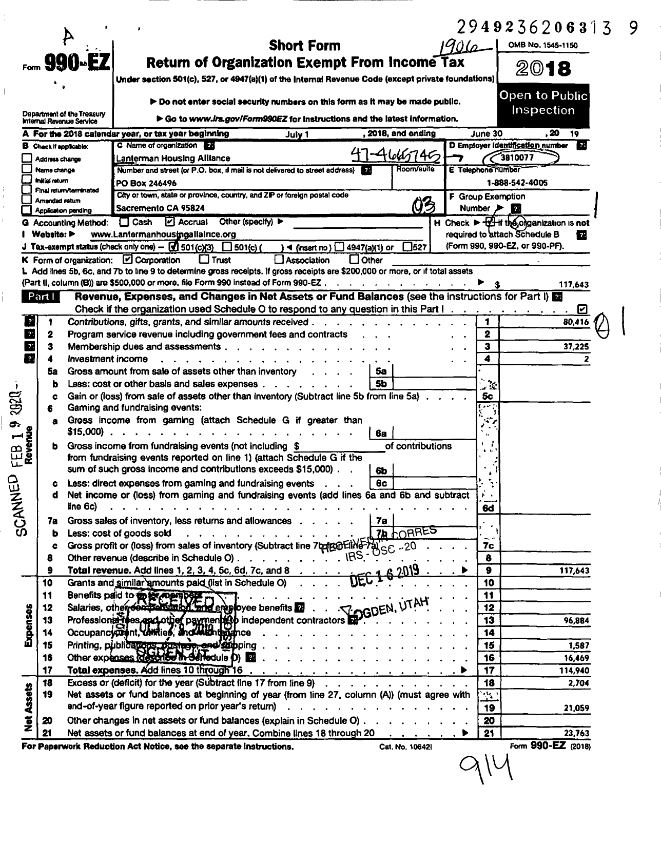 Image of first page of 2018 Form 990EZ for Lanterman Housing Alliance