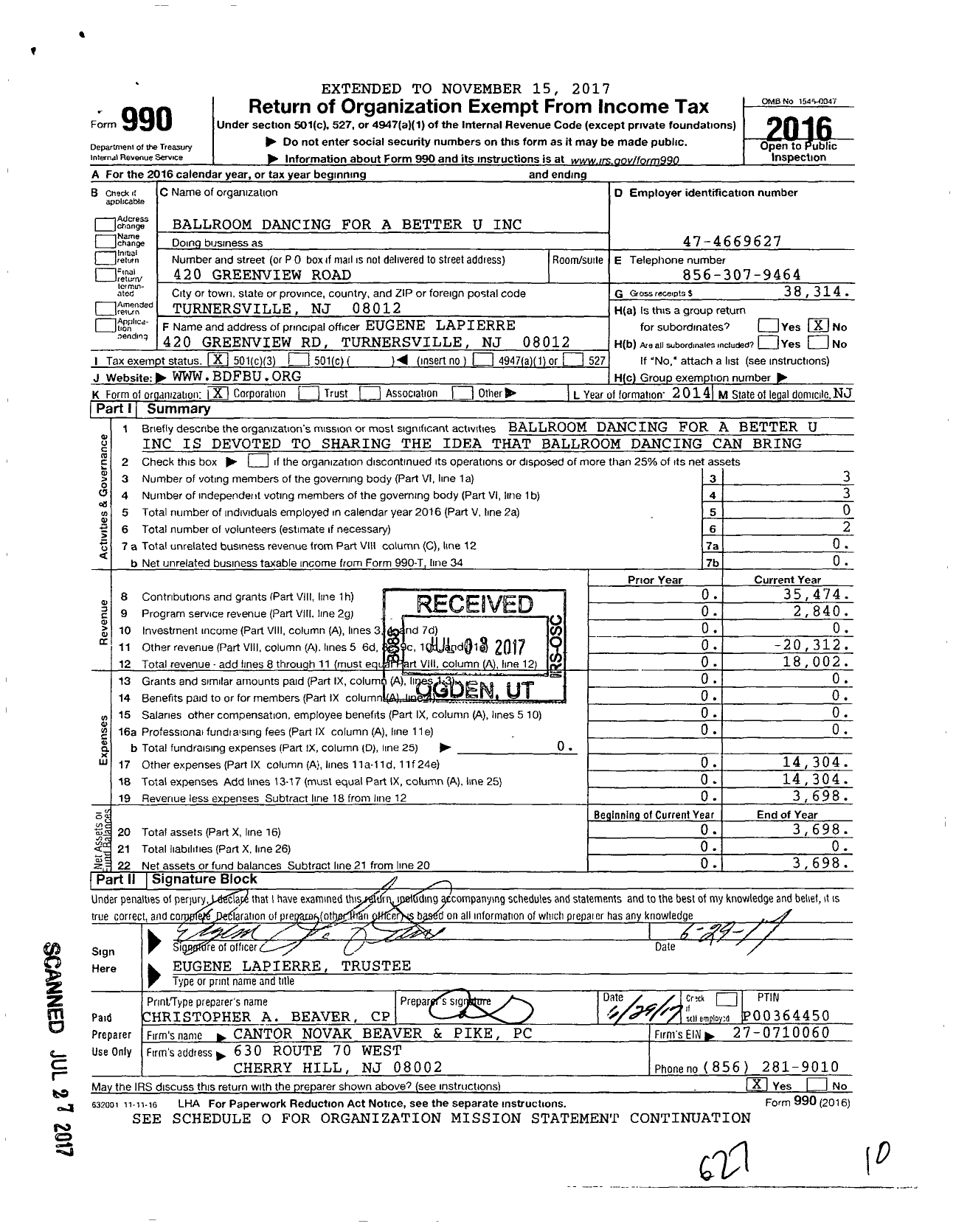 Image of first page of 2016 Form 990 for Ballroom Dancing for a Better U