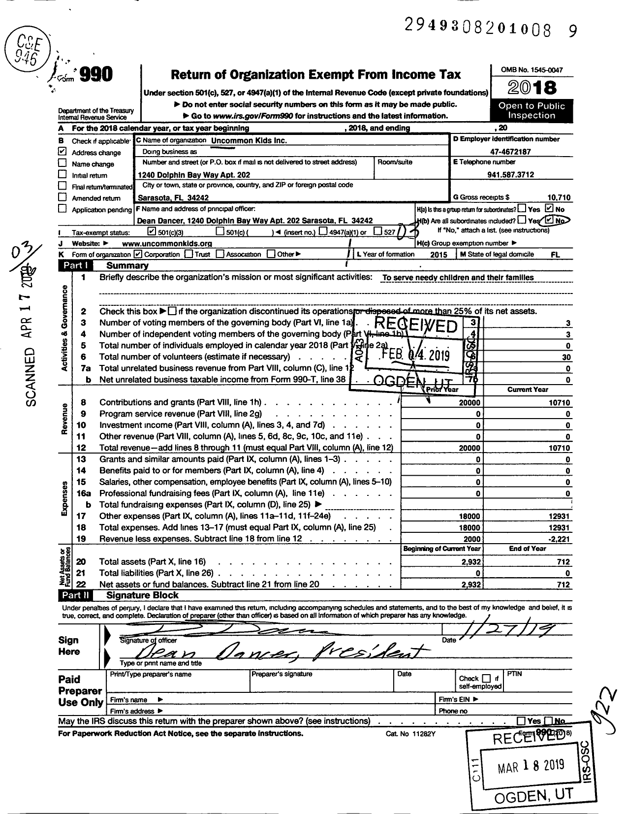 Image of first page of 2018 Form 990 for Uncommon Kids