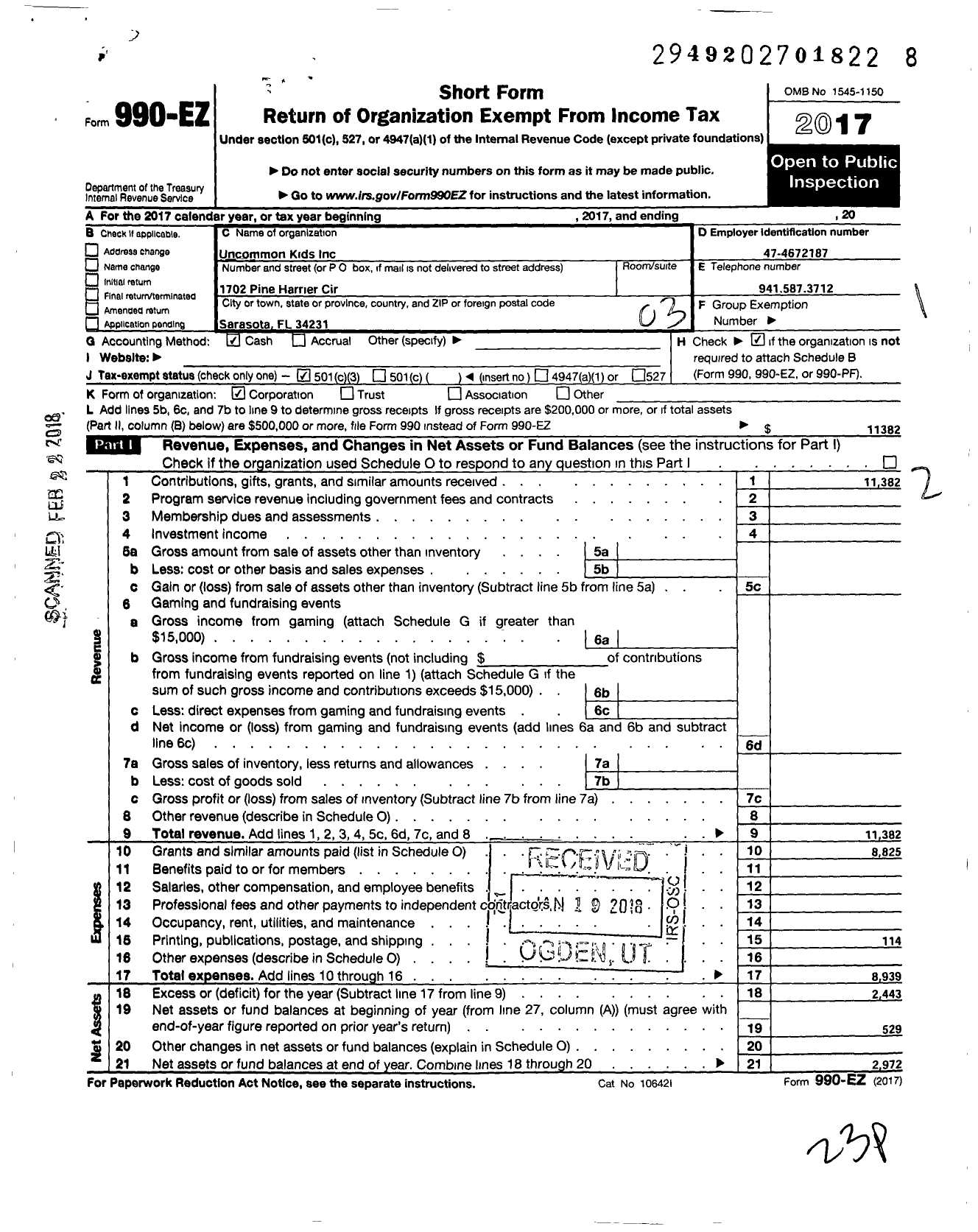 Image of first page of 2017 Form 990EZ for Uncommon Kids