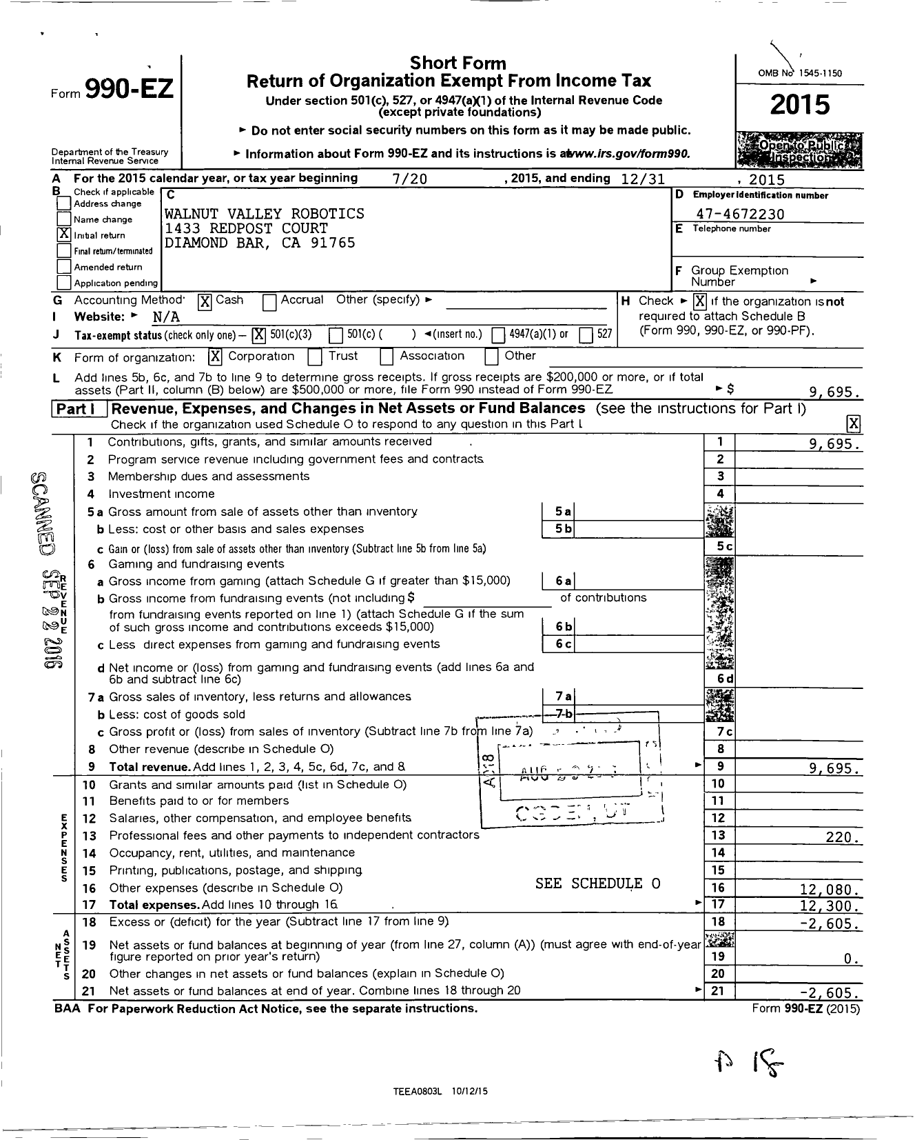 Image of first page of 2015 Form 990EZ for Walnut Valley Robotics