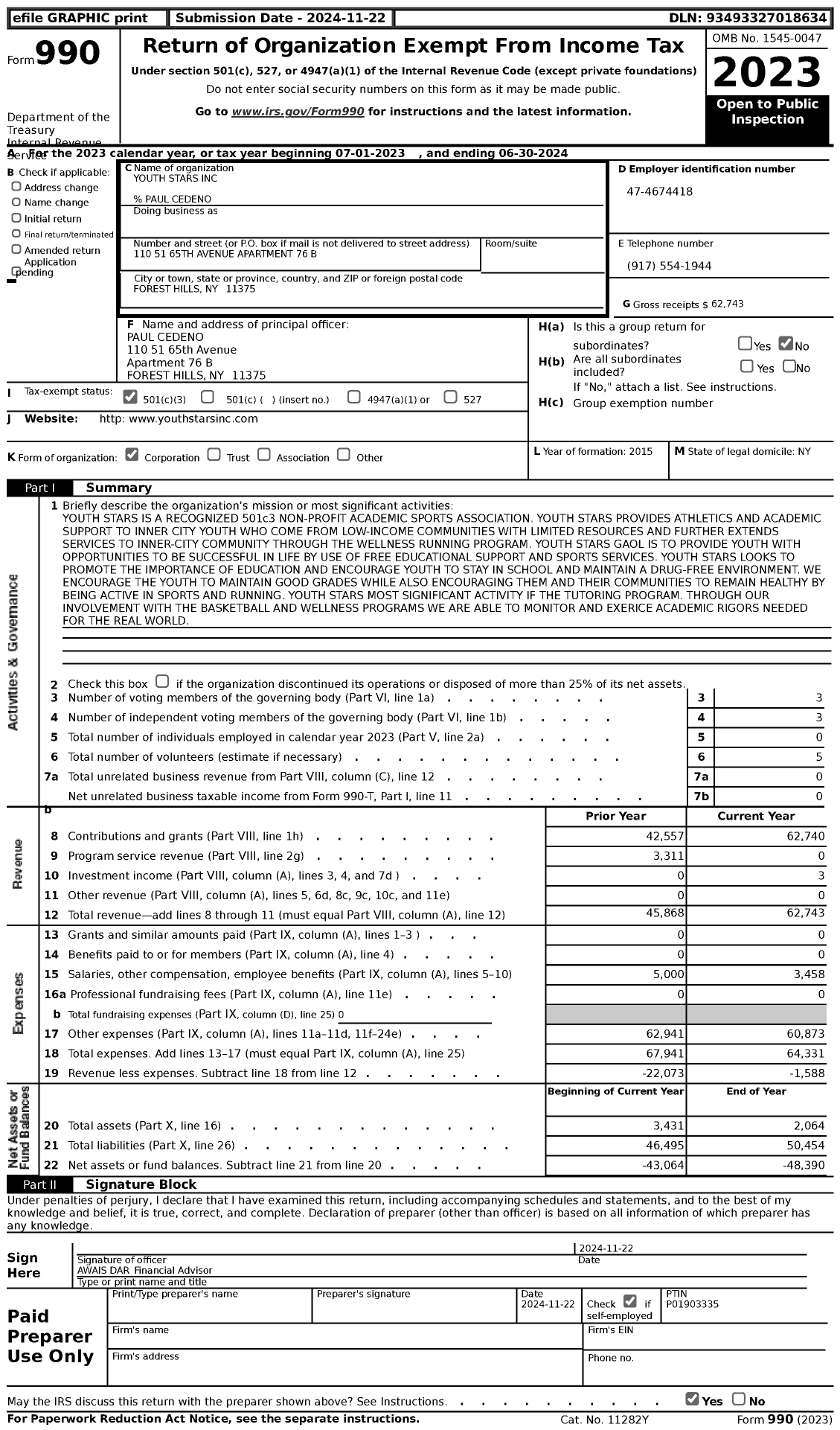 Image of first page of 2023 Form 990 for Youth Stars