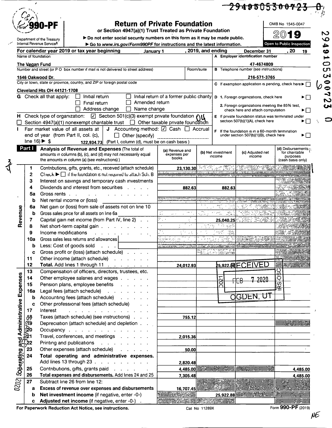 Image of first page of 2019 Form 990PR for The Vegan Fund