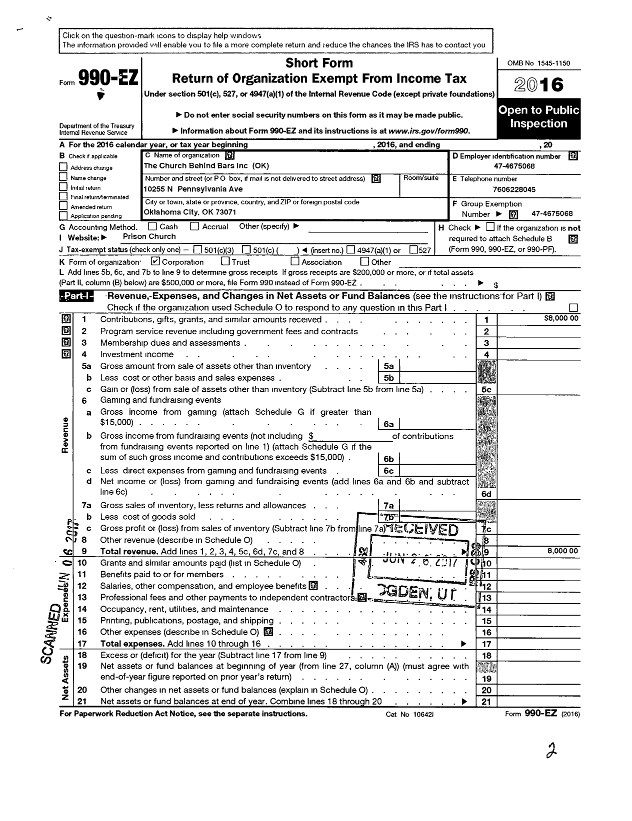 Image of first page of 2016 Form 990EO for Church Behind Bars