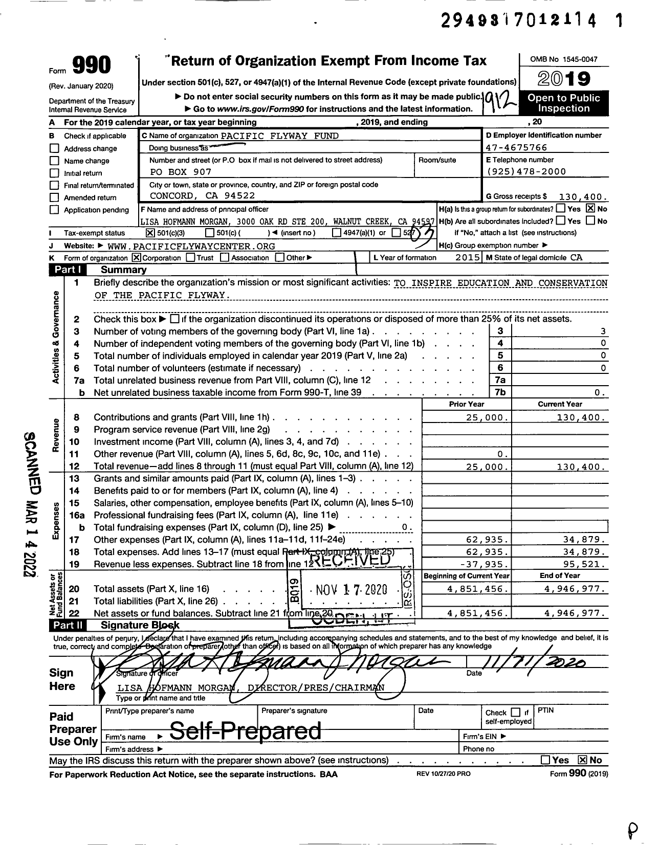 Image of first page of 2019 Form 990 for Pacific Flyway Fund