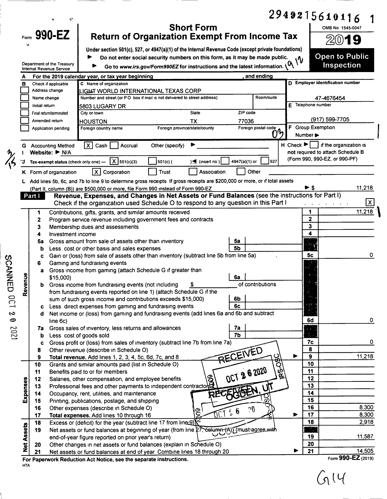 Image of first page of 2019 Form 990EZ for Light World International Texas Corporation