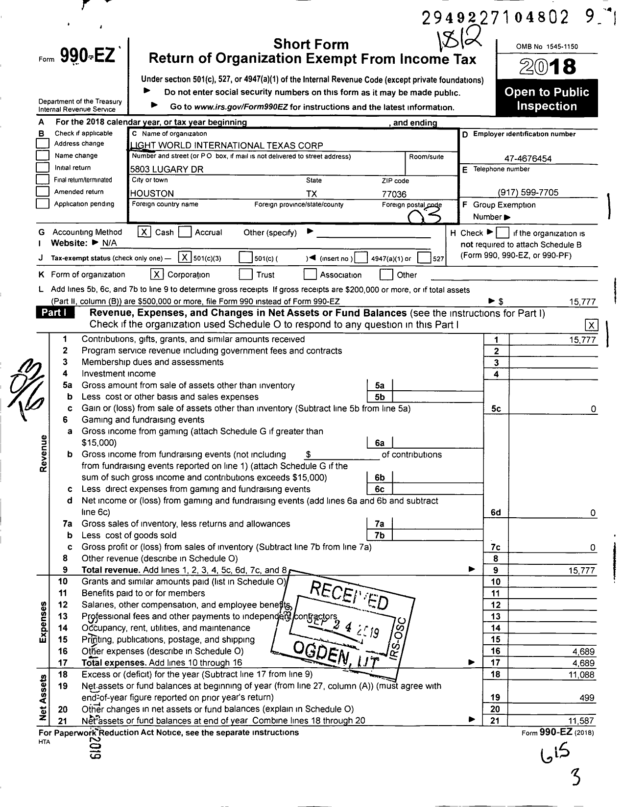 Image of first page of 2018 Form 990EZ for Light World International Texas Corporation