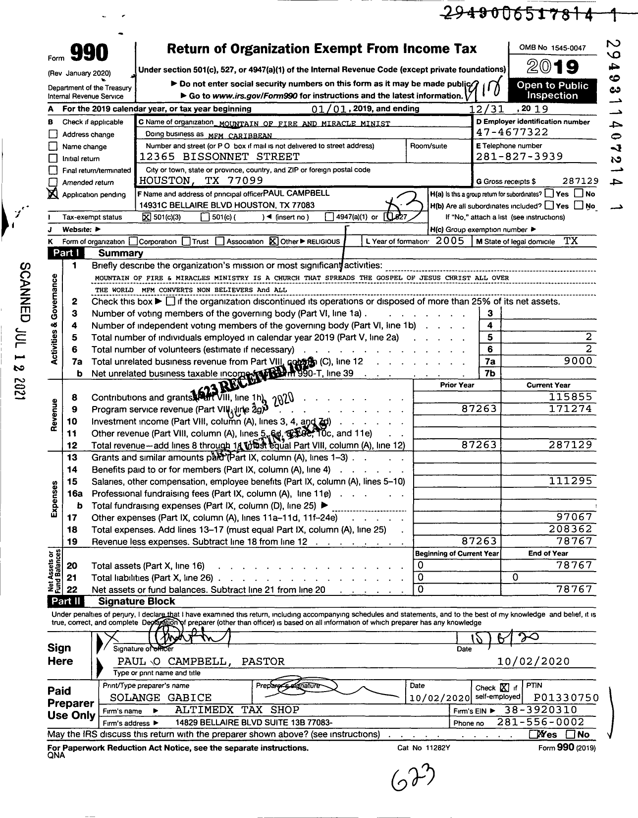 Image of first page of 2019 Form 990 for MFM Caribbean