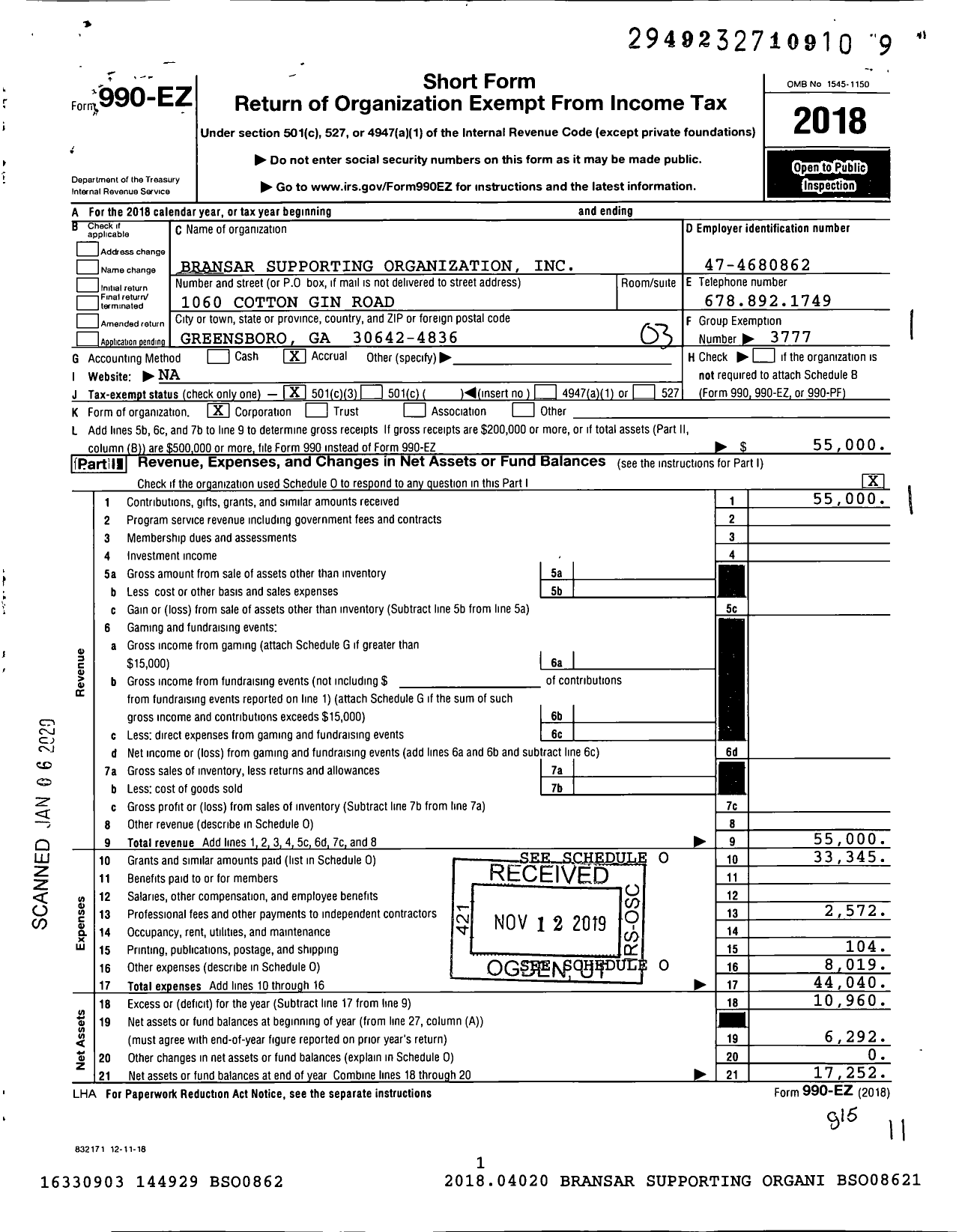 Image of first page of 2018 Form 990EZ for Bransar Supporting Organization