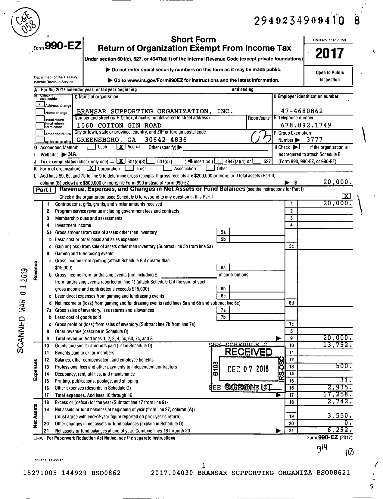 Image of first page of 2017 Form 990EZ for Bransar Supporting Organization