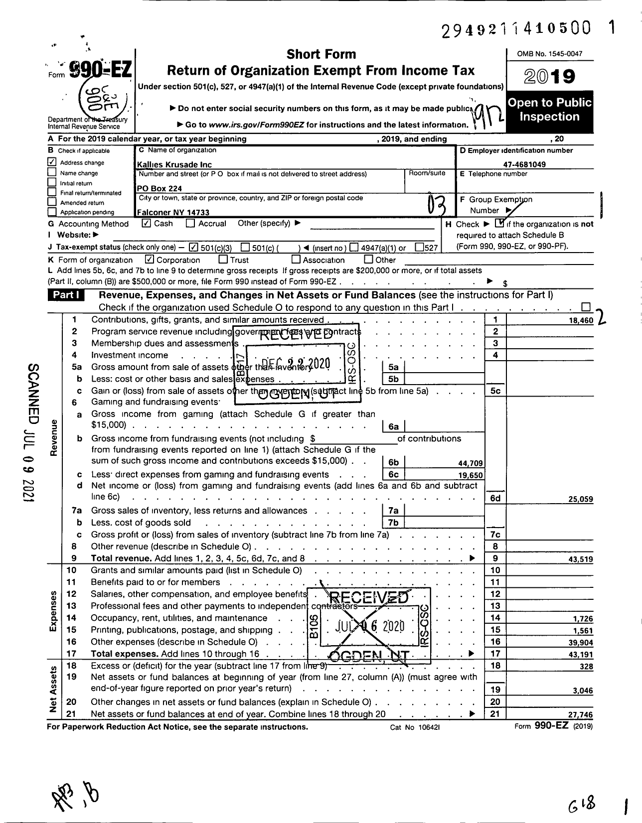 Image of first page of 2019 Form 990EZ for Kallies Krusade