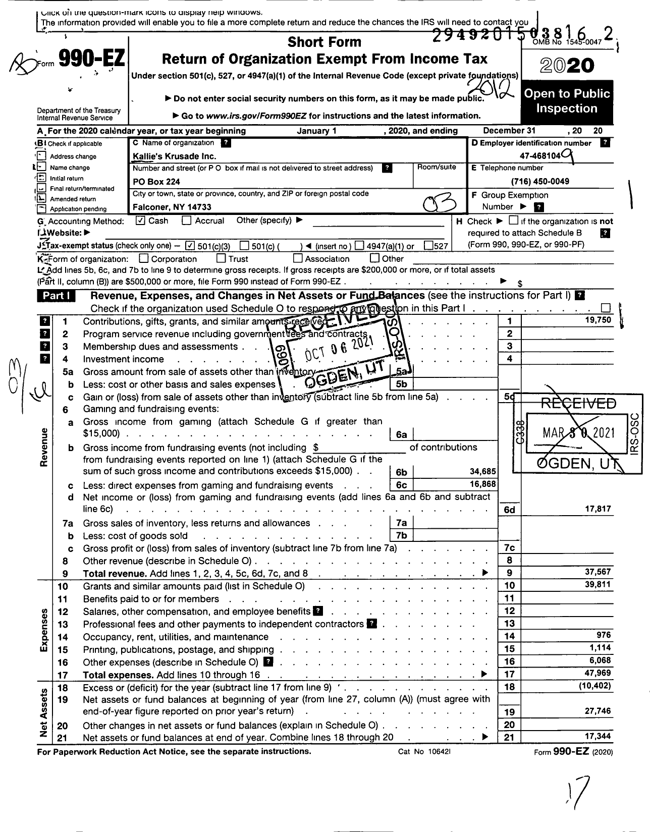 Image of first page of 2020 Form 990EZ for Kallies Krusade