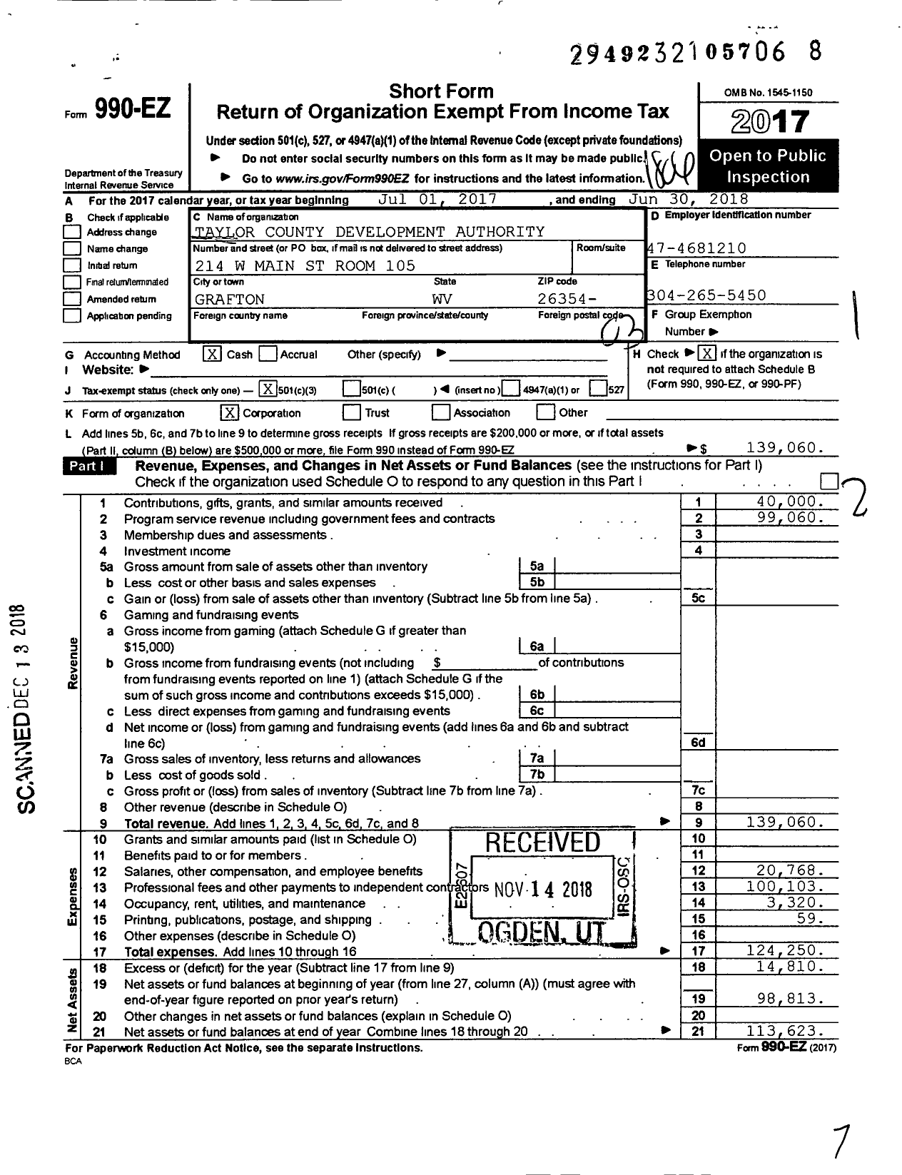 Image of first page of 2017 Form 990EZ for Taylor County Development Authority Incorporated