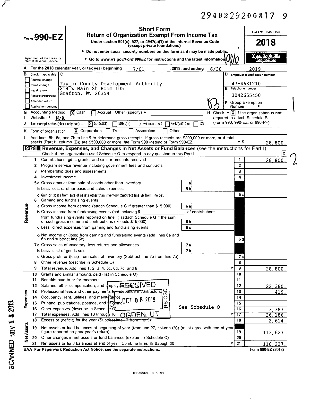 Image of first page of 2018 Form 990EZ for Taylor County Development Authority Incorporated