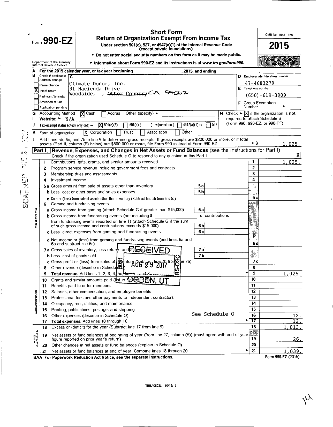 Image of first page of 2015 Form 990EZ for Climate Donor