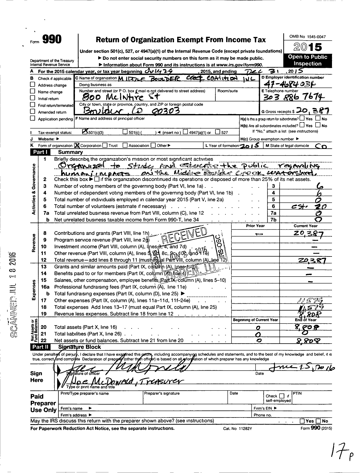 Image of first page of 2015 Form 990 for Middle Boulder Creek Coalition