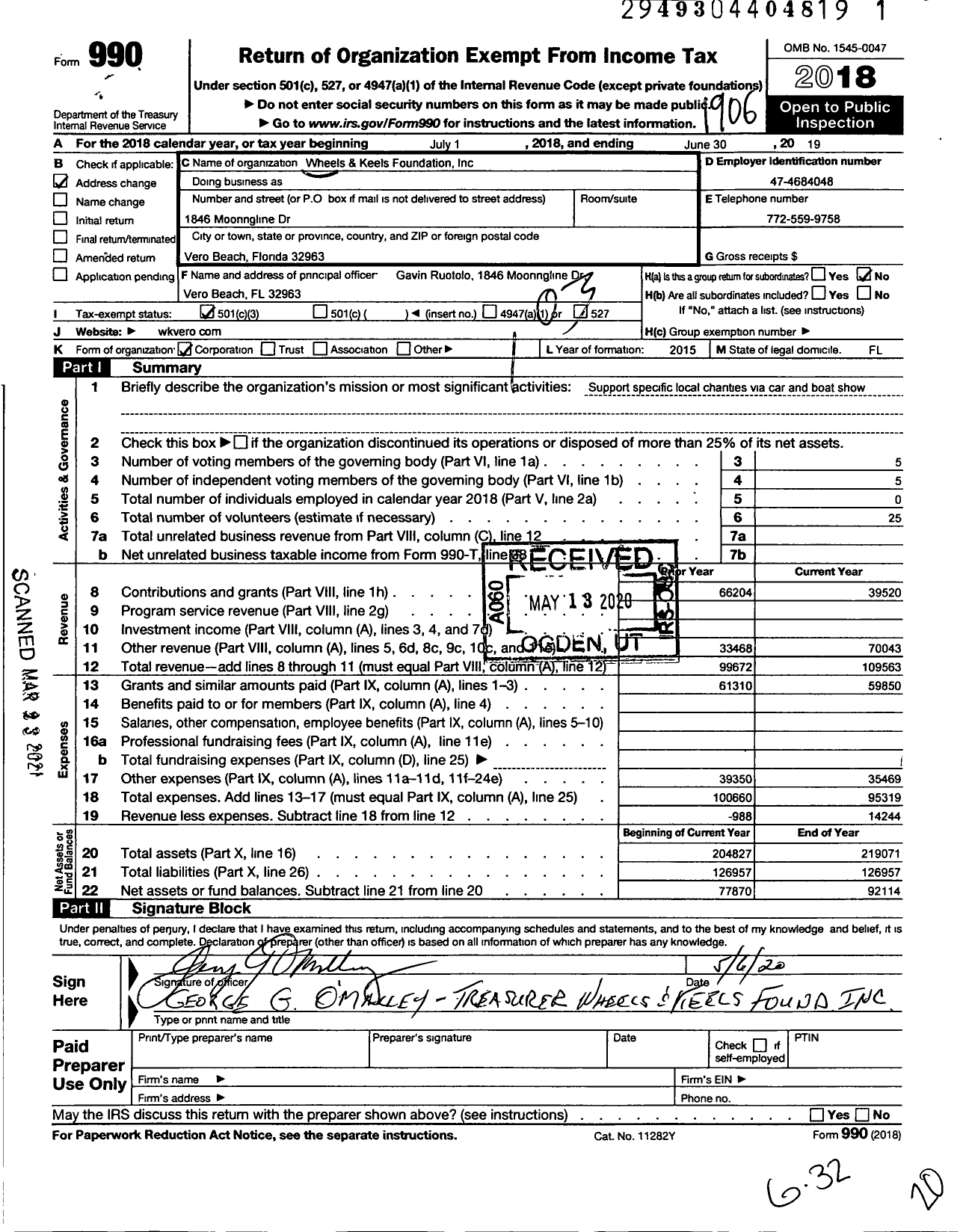 Image of first page of 2018 Form 990 for Wheels and Keels Foundation