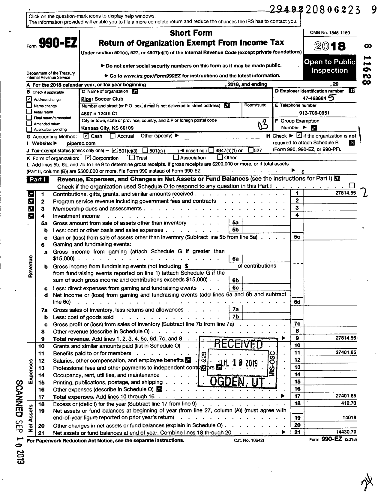 Image of first page of 2018 Form 990EZ for Piper Soccer Club