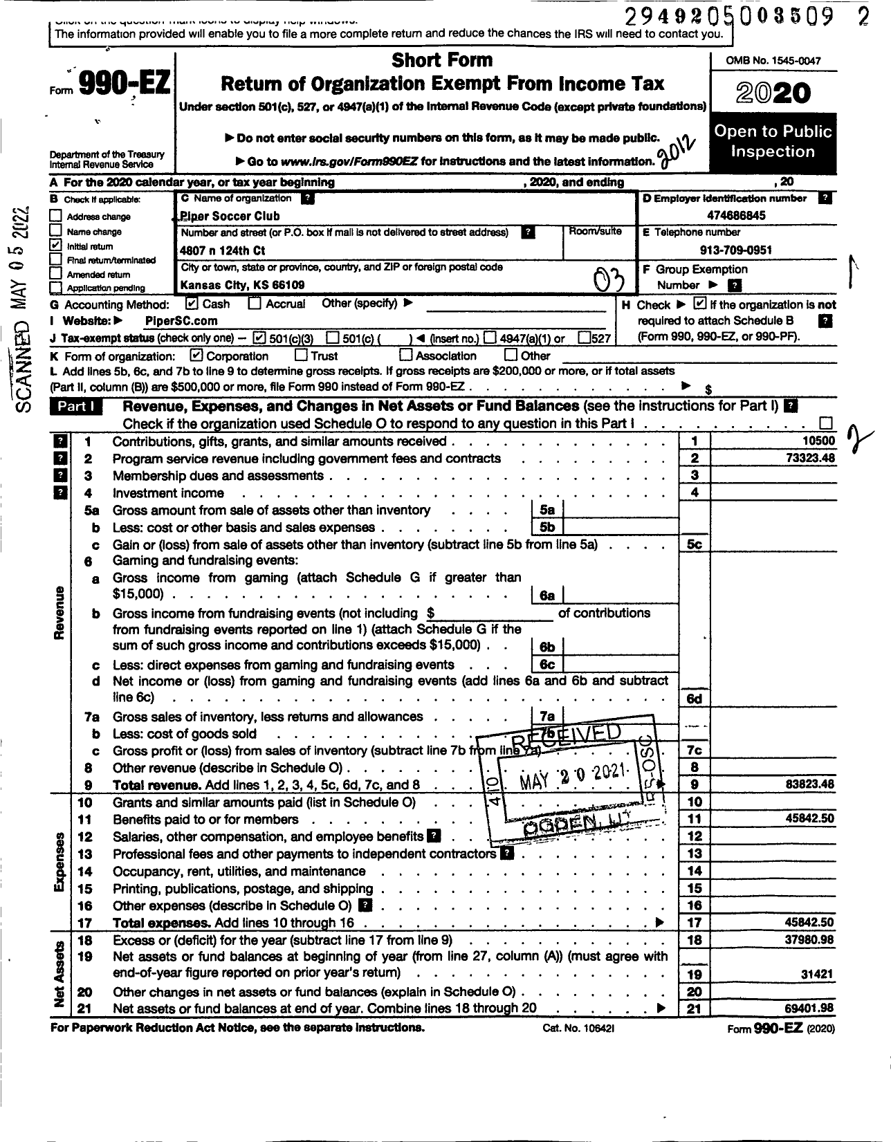 Image of first page of 2020 Form 990EZ for Piper Soccer Club