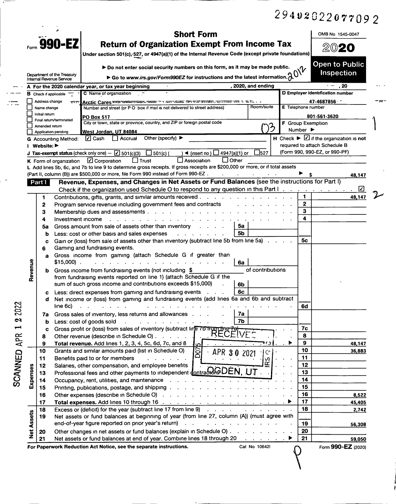 Image of first page of 2020 Form 990EZ for Arctic Cares