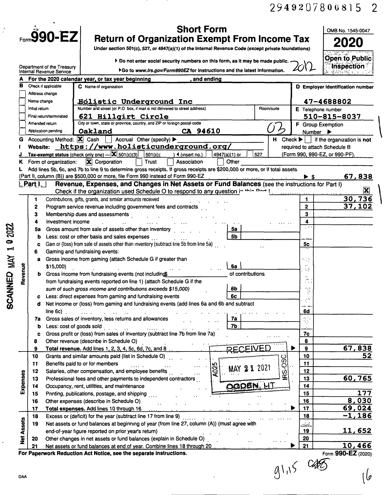 Image of first page of 2020 Form 990EZ for Holistic Underground