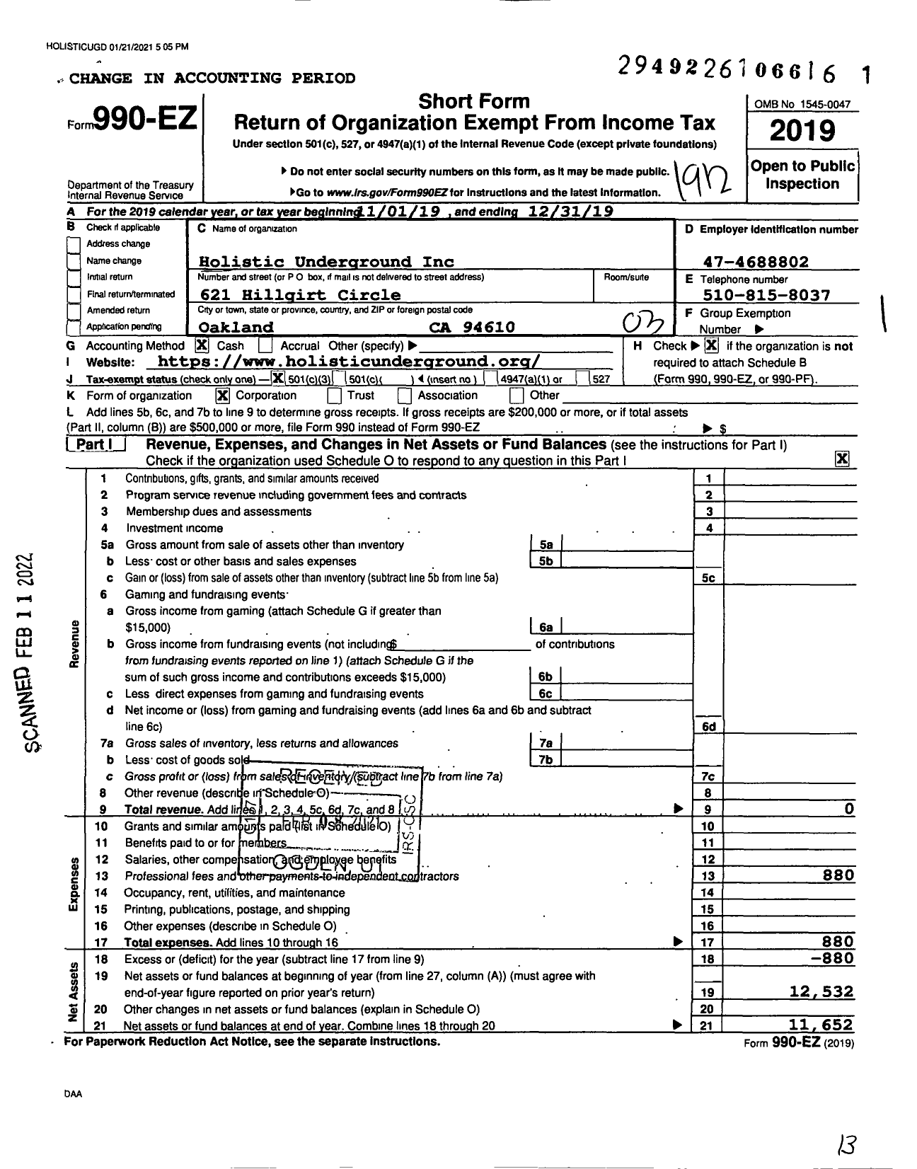 Image of first page of 2019 Form 990EZ for Holistic Underground