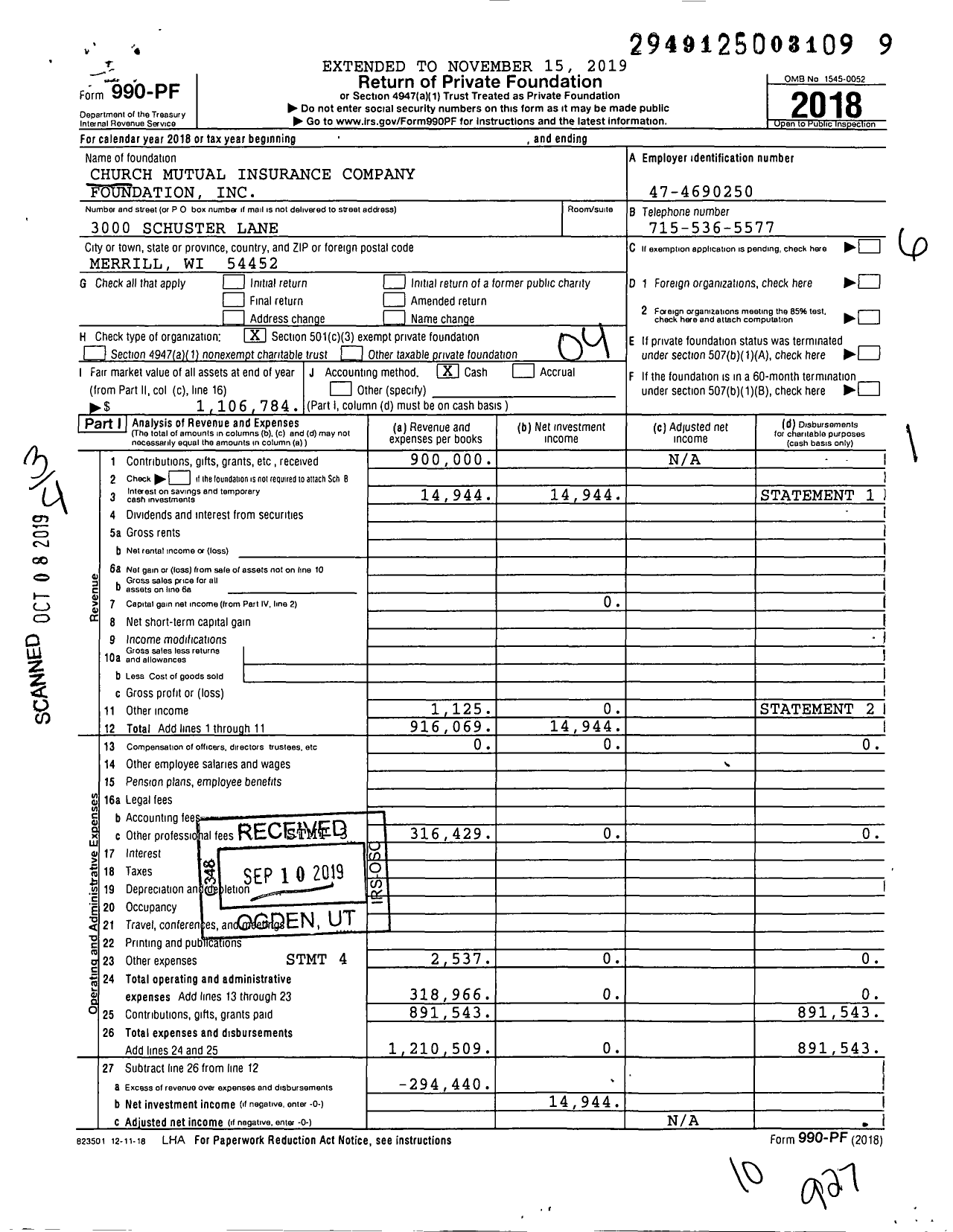 Image of first page of 2018 Form 990PF for Church Mutual Insurance Company Foundation