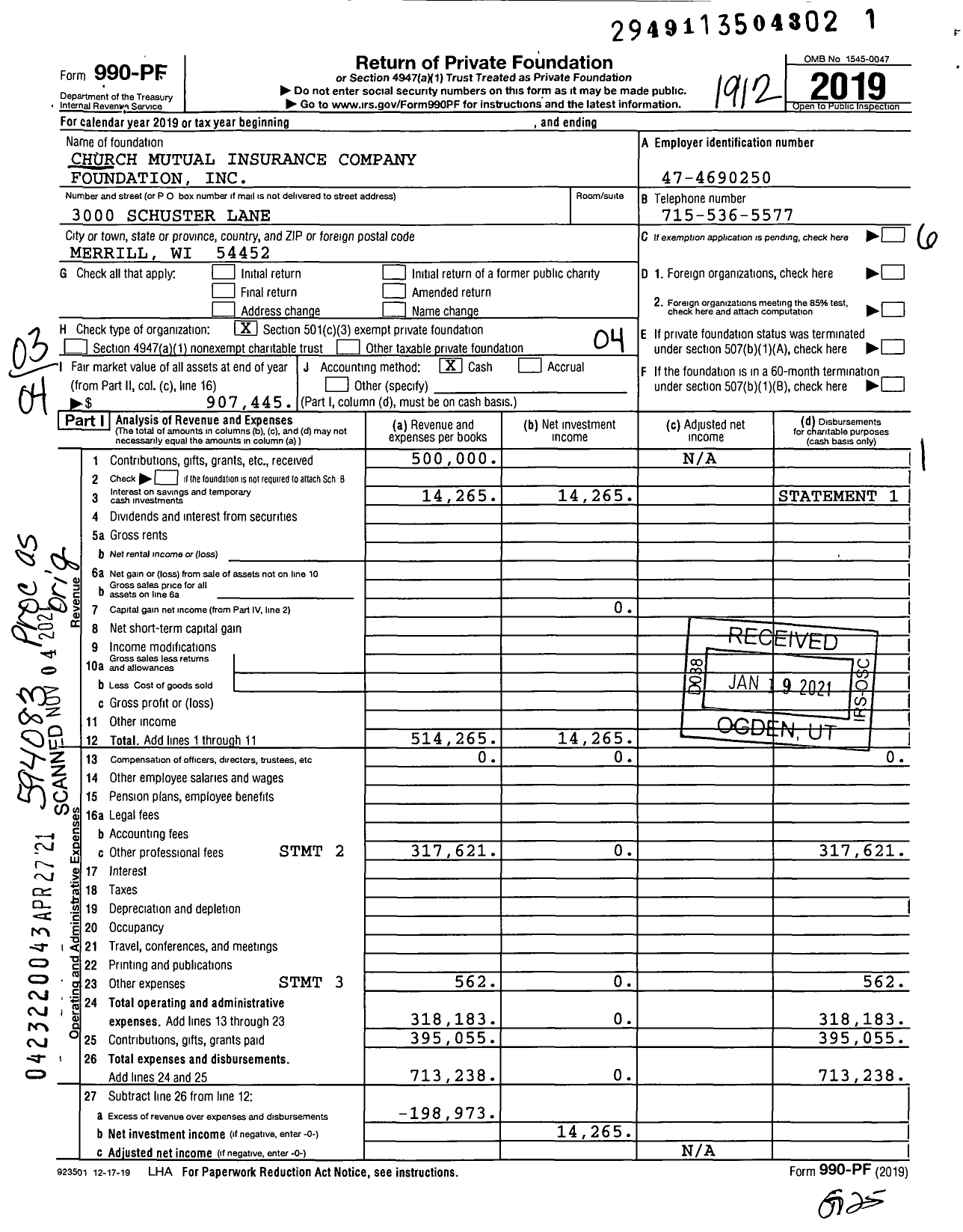 Image of first page of 2019 Form 990PF for Church Mutual Insurance Company Foundation