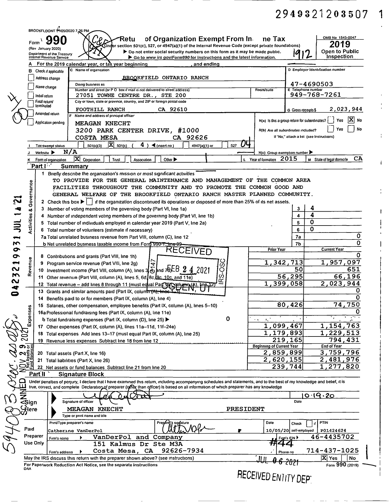 Image of first page of 2019 Form 990O for Brookfield Ontario Ranch