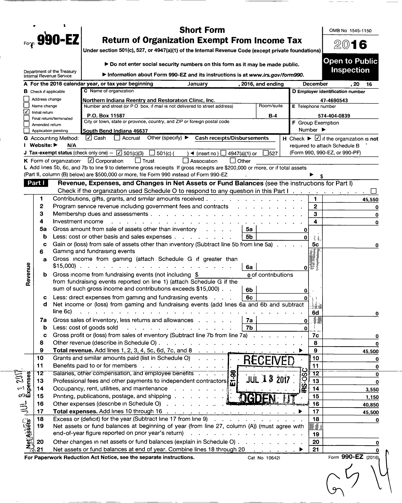 Image of first page of 2016 Form 990EZ for Northern Indiana Reentry and Restoration Clinic