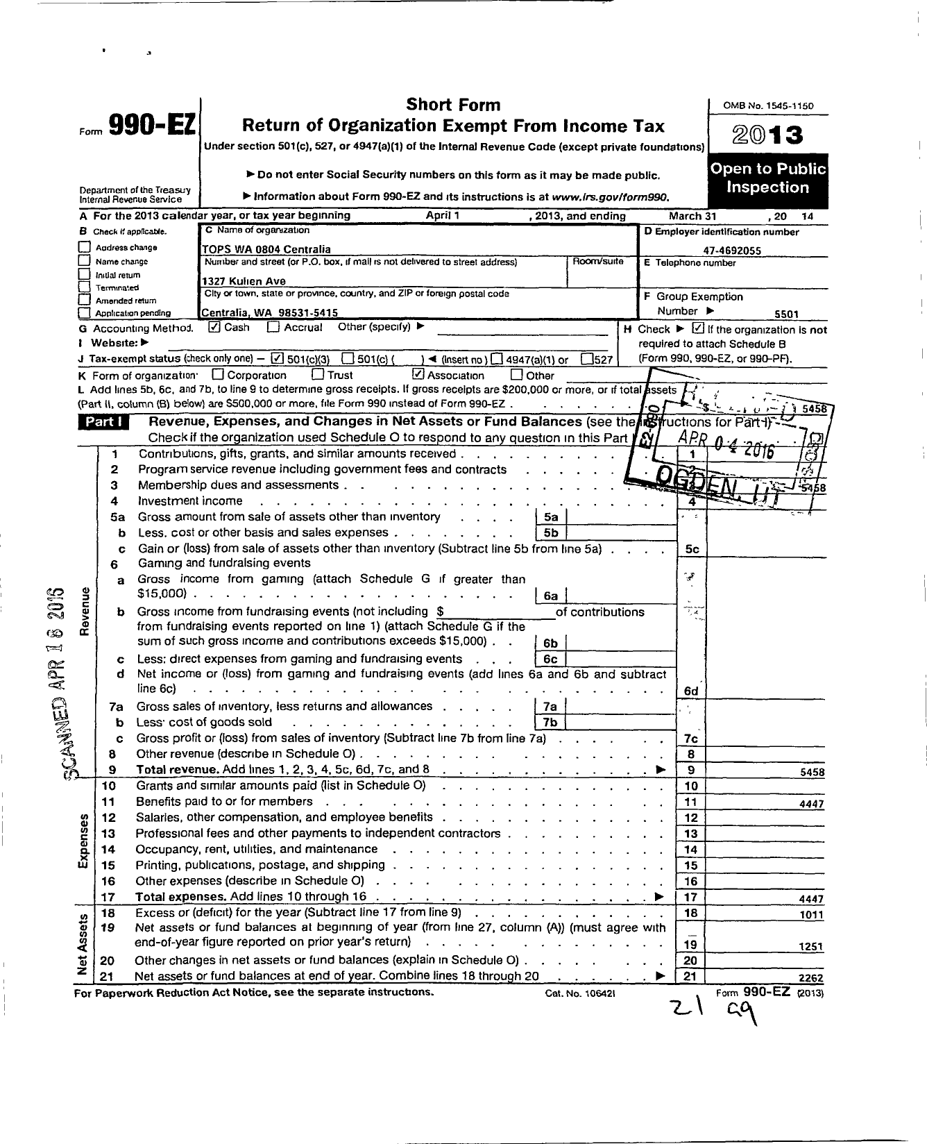 Image of first page of 2013 Form 990EZ for Tops Club - 0804 Centralia Tops Wa