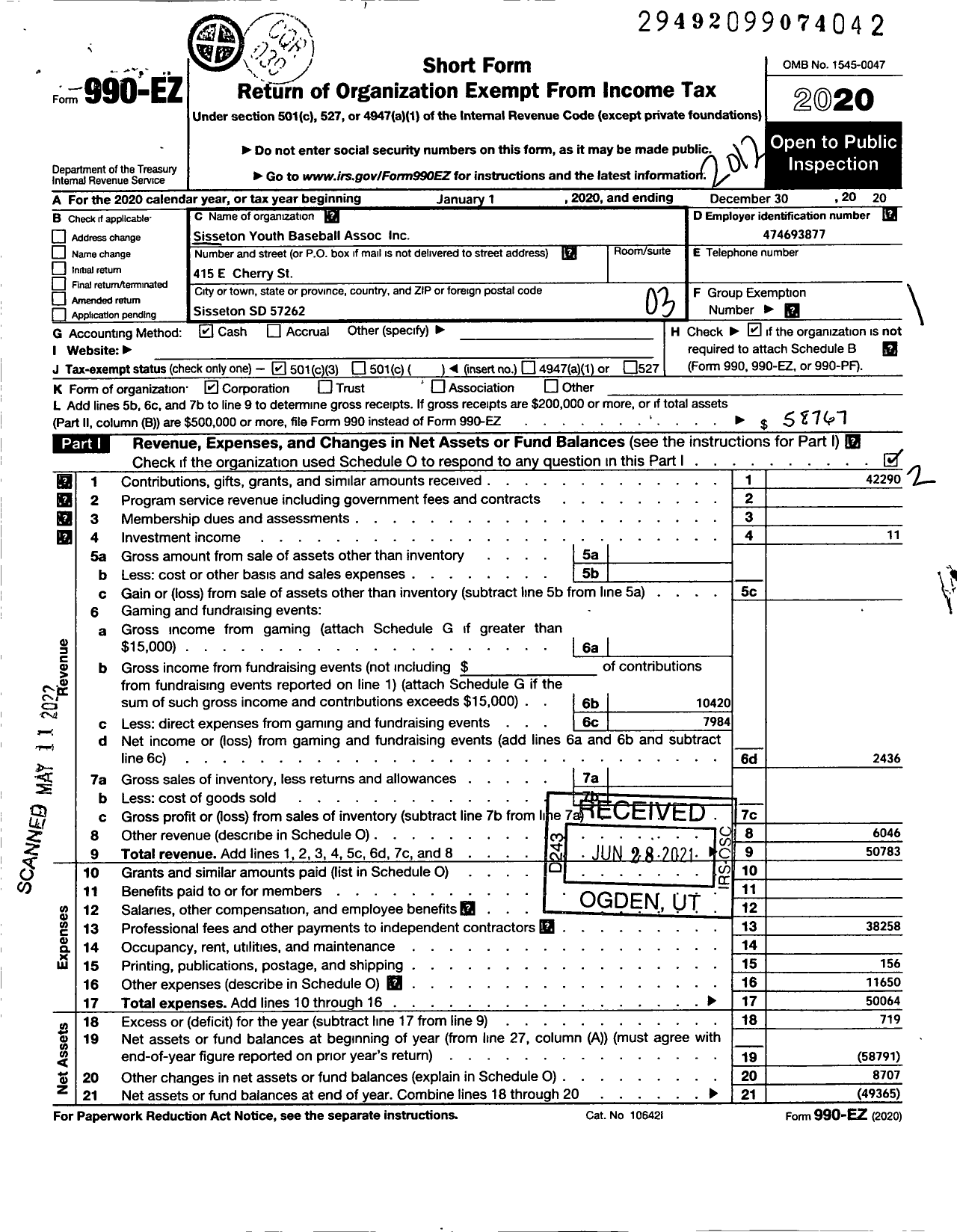 Image of first page of 2020 Form 990EZ for Sisseton Youth Baseball Association