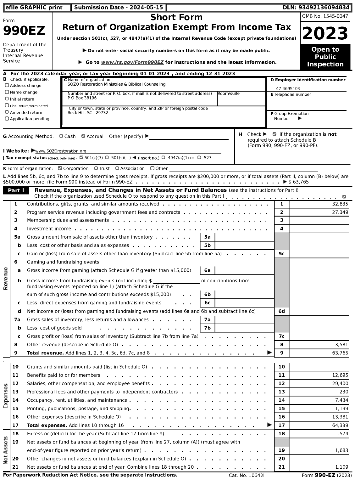 Image of first page of 2023 Form 990EZ for SOZO Restoration Ministries & Biblical Counseling