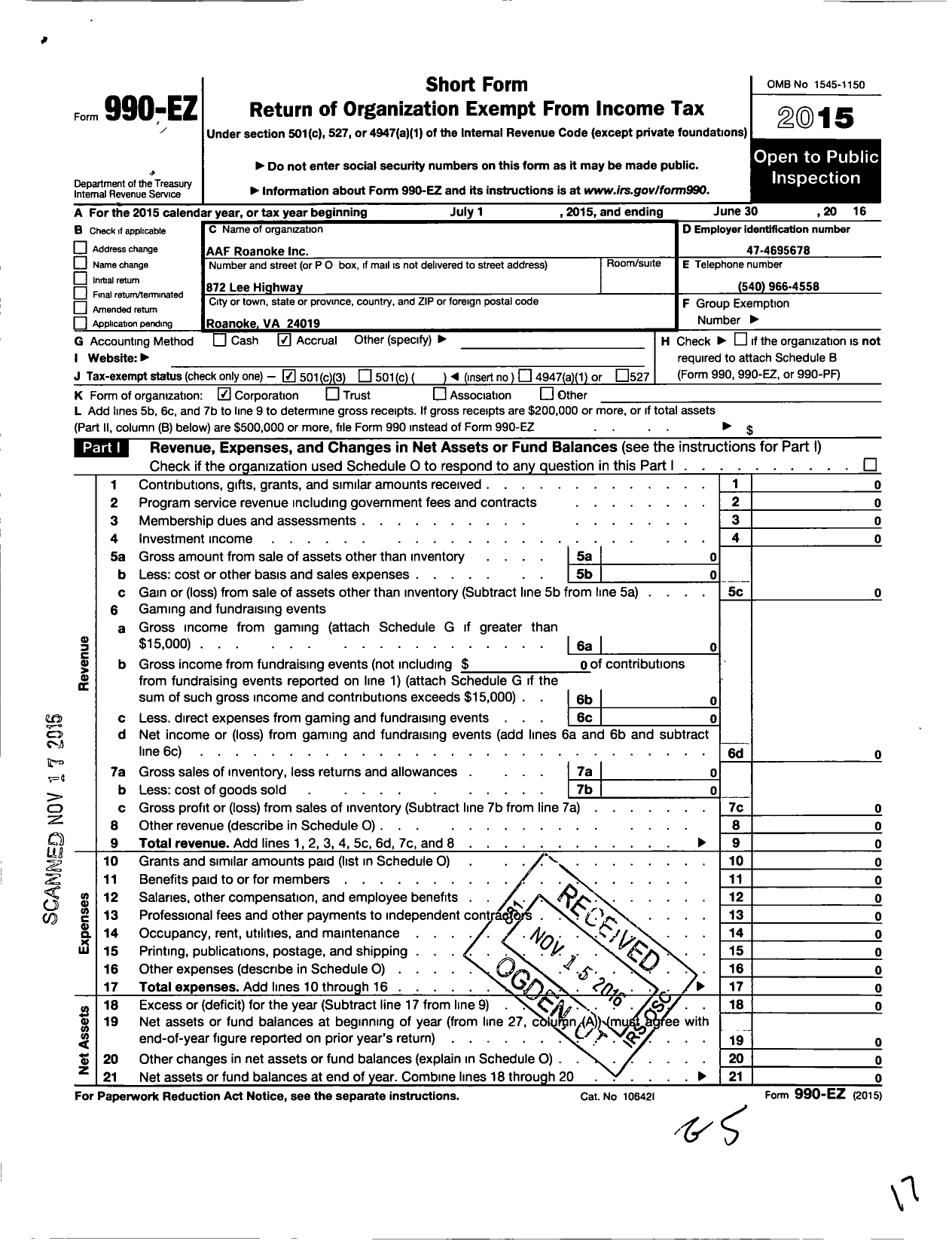 Image of first page of 2015 Form 990EZ for AAF of Roanoke