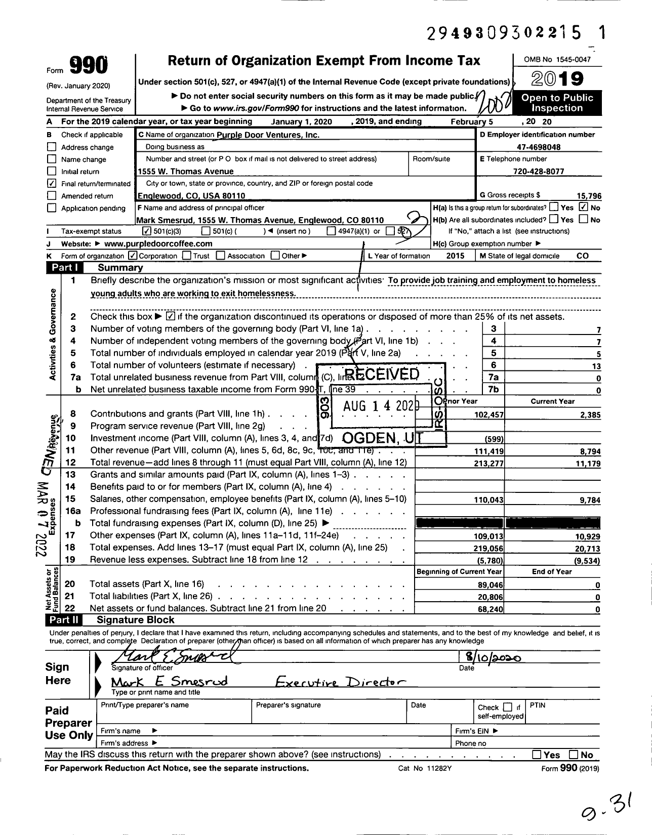 Image of first page of 2019 Form 990 for Purple Door Ventures