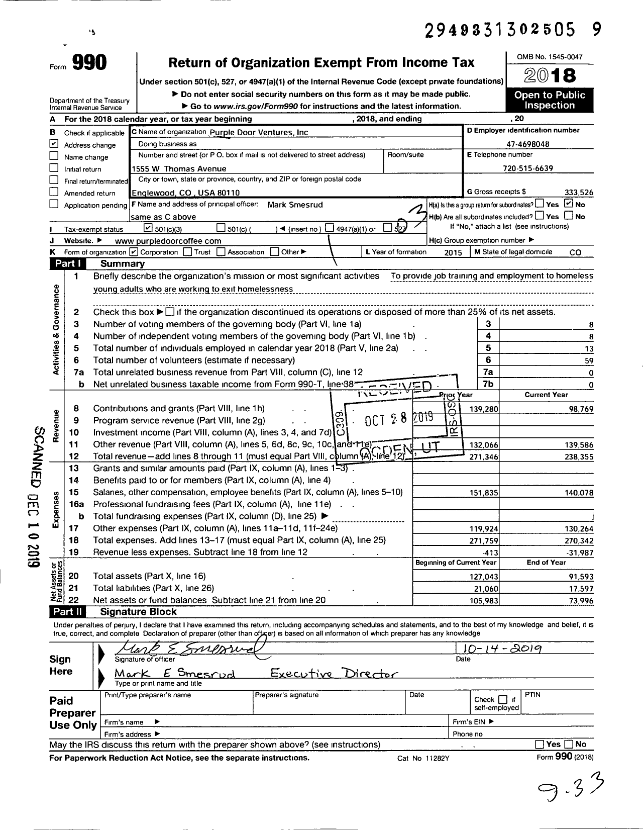 Image of first page of 2018 Form 990 for Purple Door Ventures