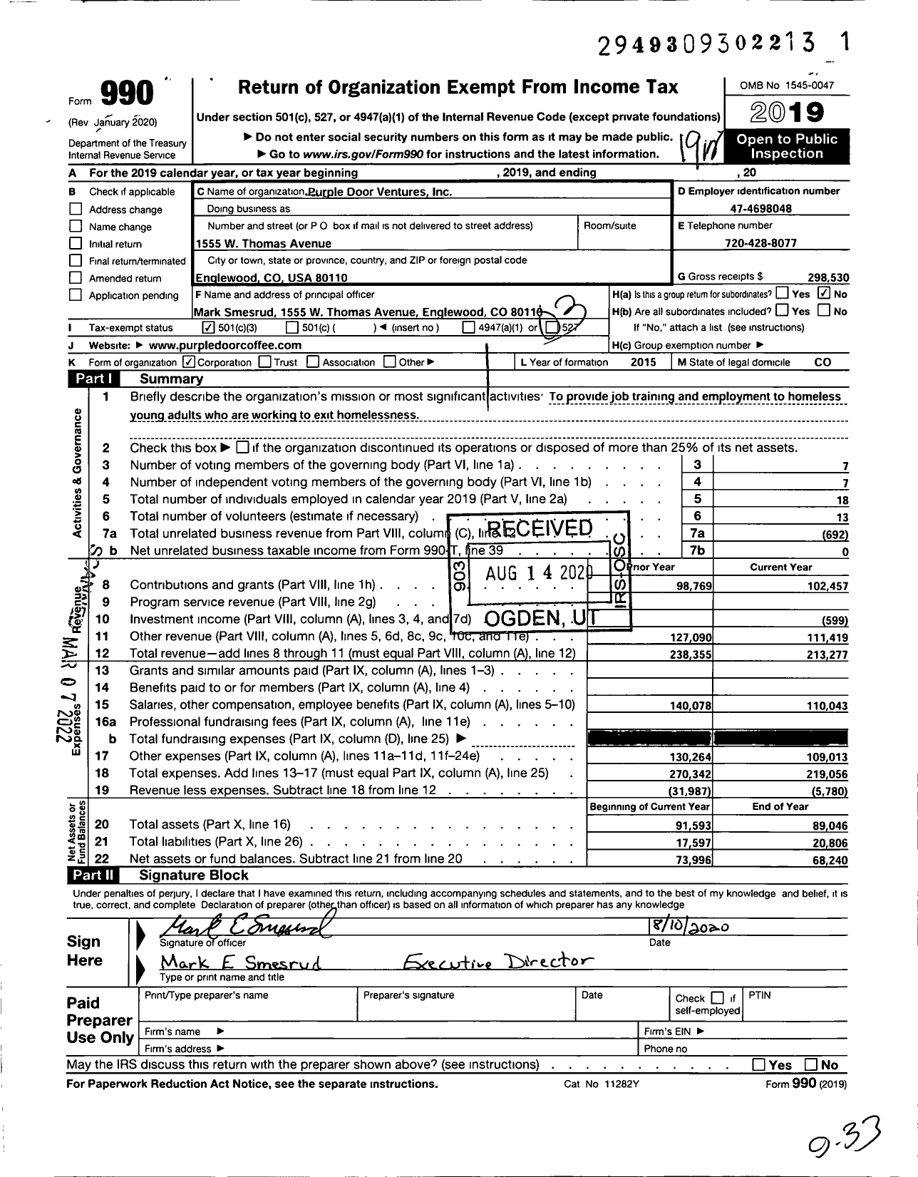 Image of first page of 2019 Form 990 for Purple Door Ventures