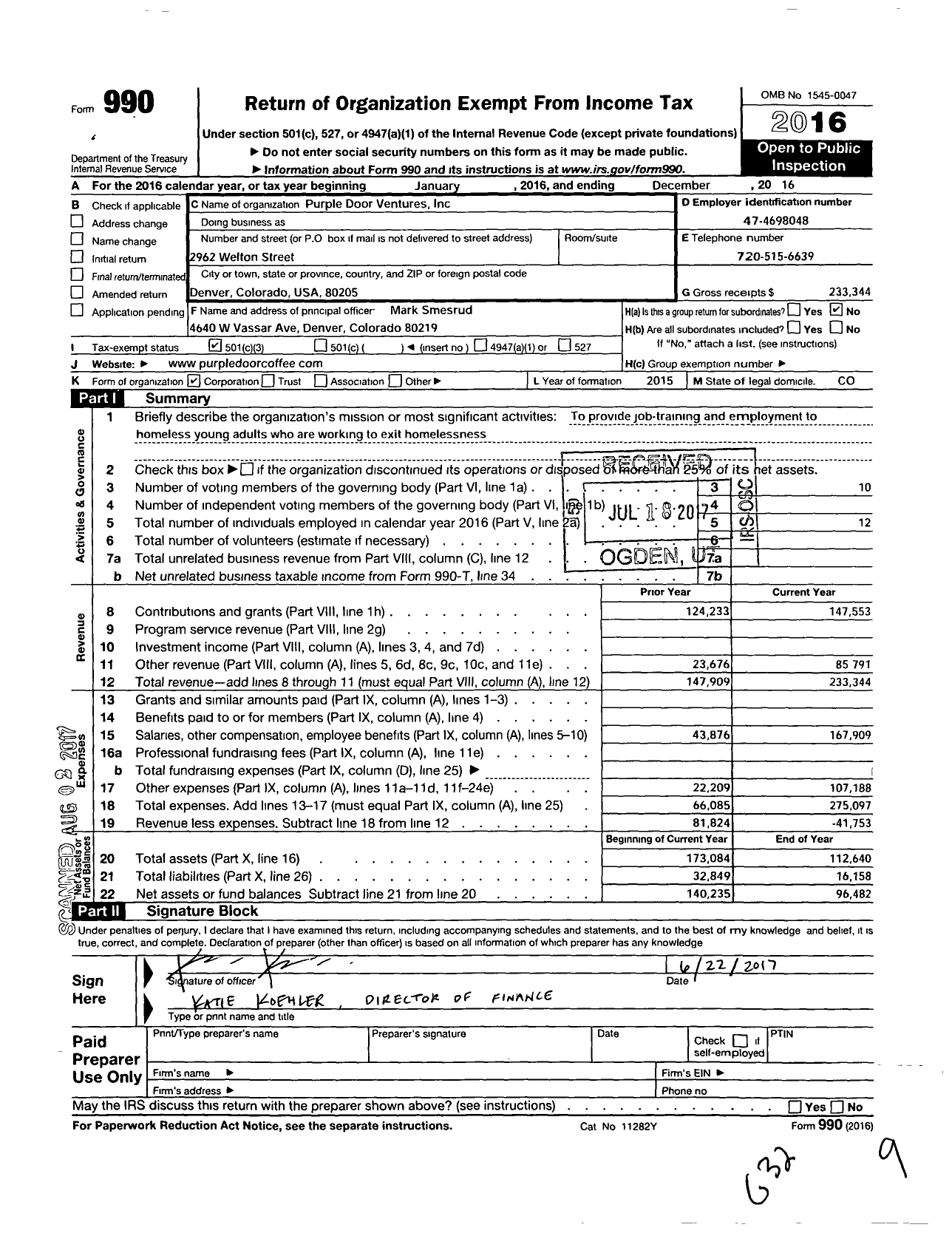 Image of first page of 2016 Form 990 for Purple Door Ventures