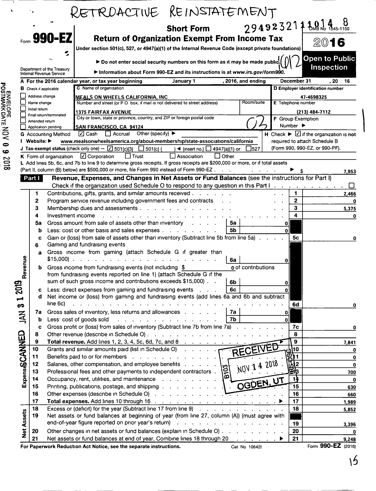 Image of first page of 2016 Form 990EZ for Meals on Wheels California