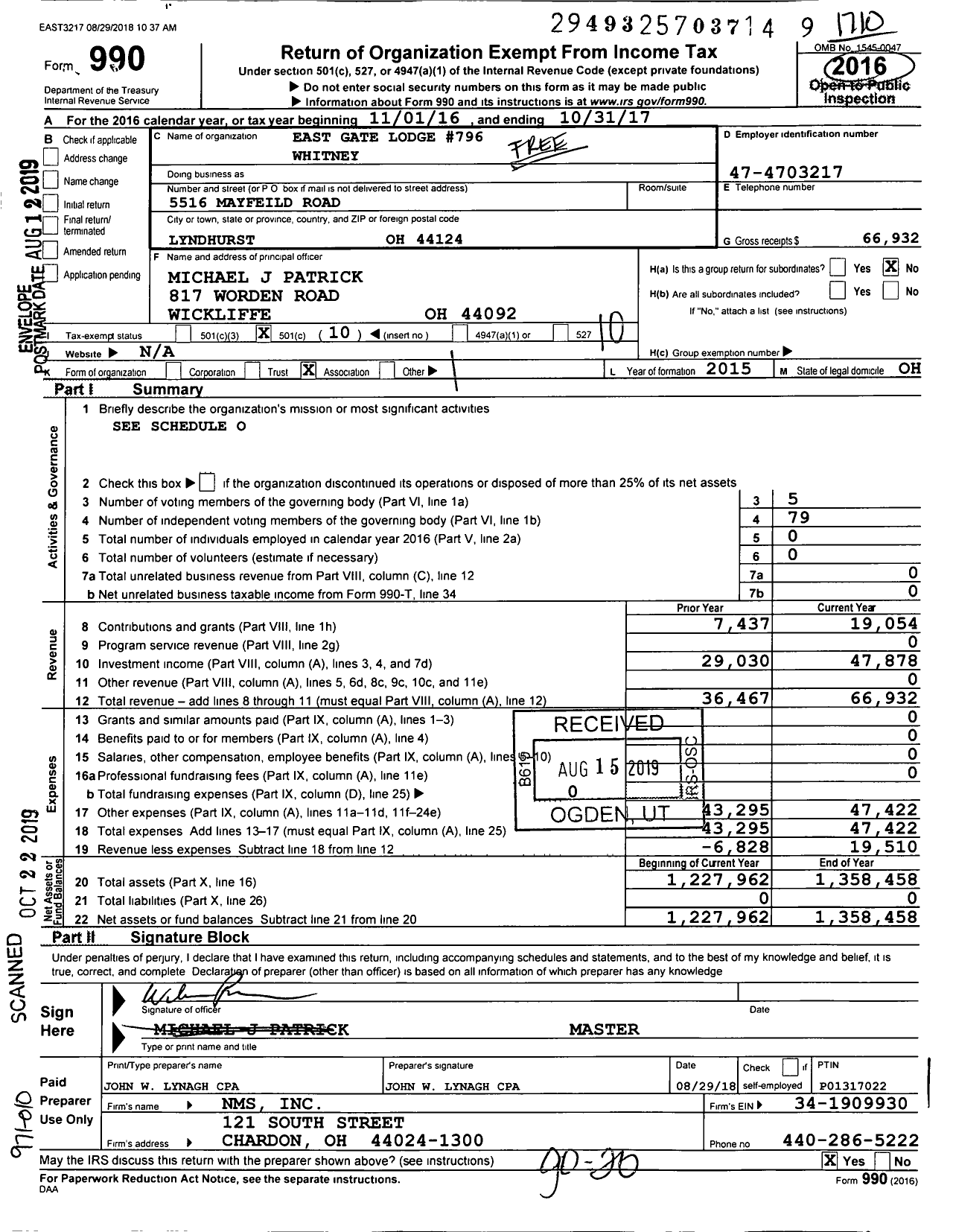 Image of first page of 2016 Form 990O for Free & Accepted Masons of Ohio - 0796 East Gate Lodge