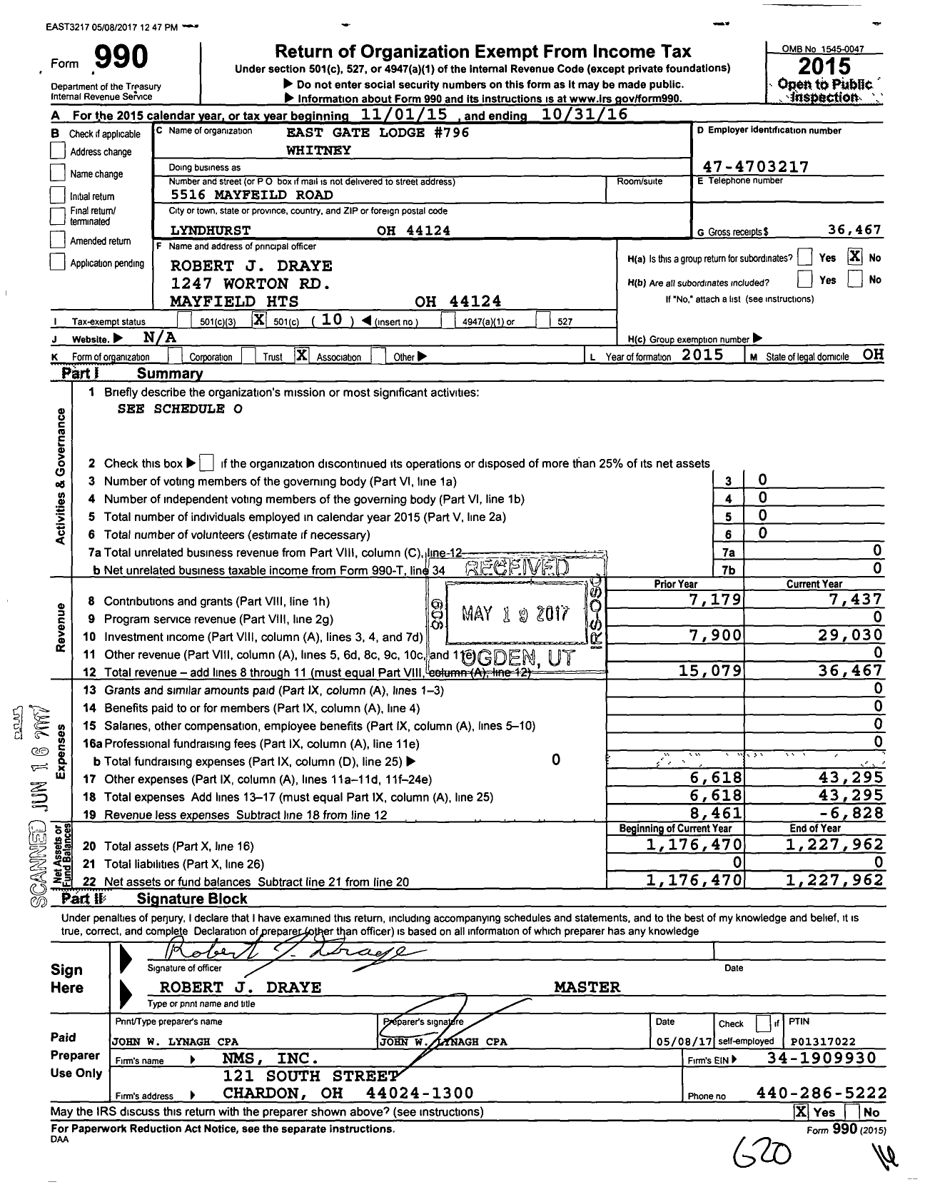 Image of first page of 2015 Form 990O for Free & Accepted Masons of Ohio - 0796 East Gate Lodge