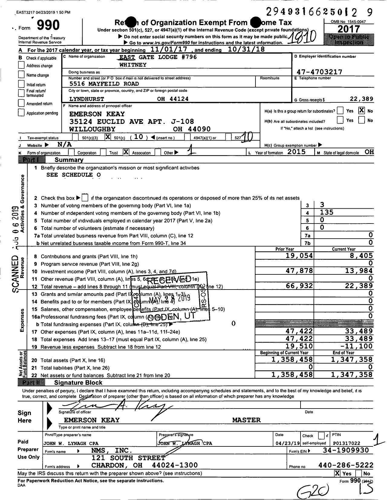 Image of first page of 2017 Form 990O for Free & Accepted Masons of Ohio - 0796 East Gate Lodge