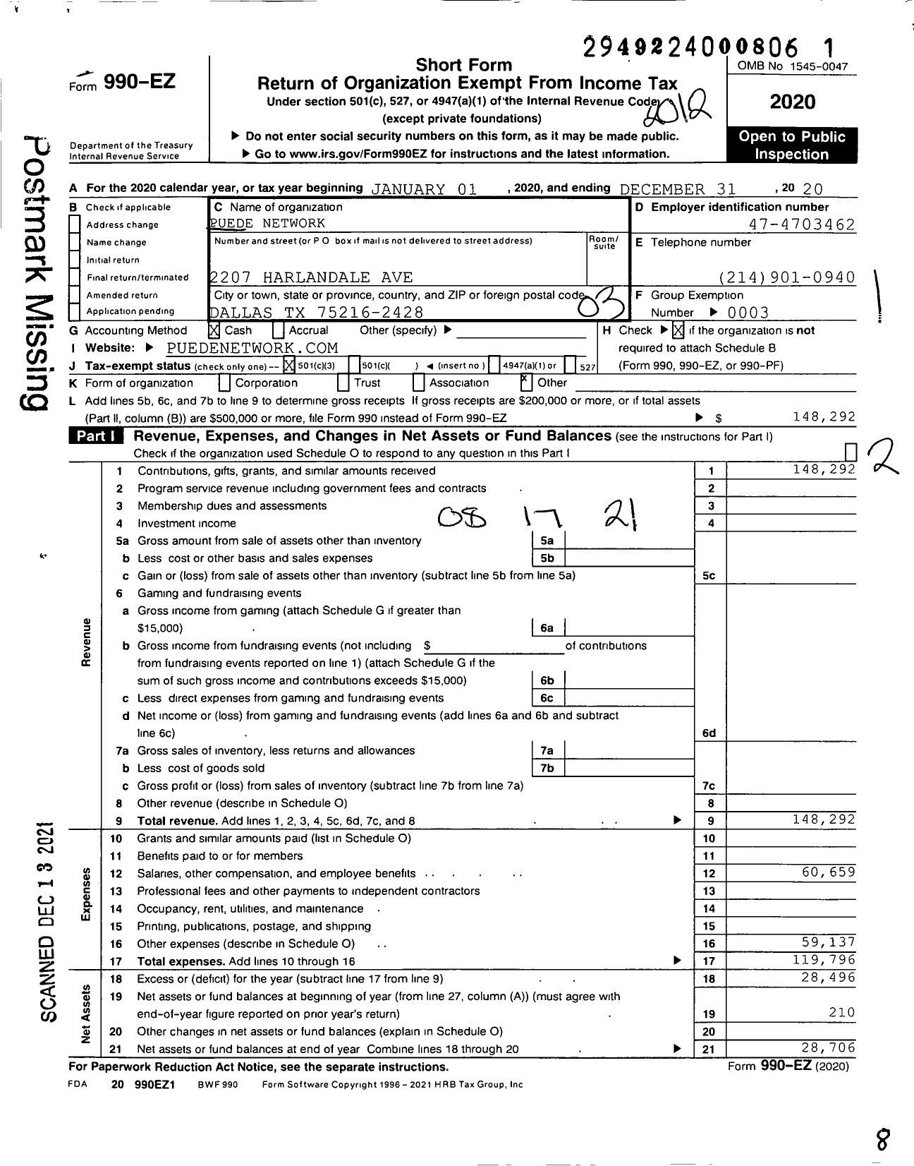 Image of first page of 2020 Form 990EZ for Puede Network